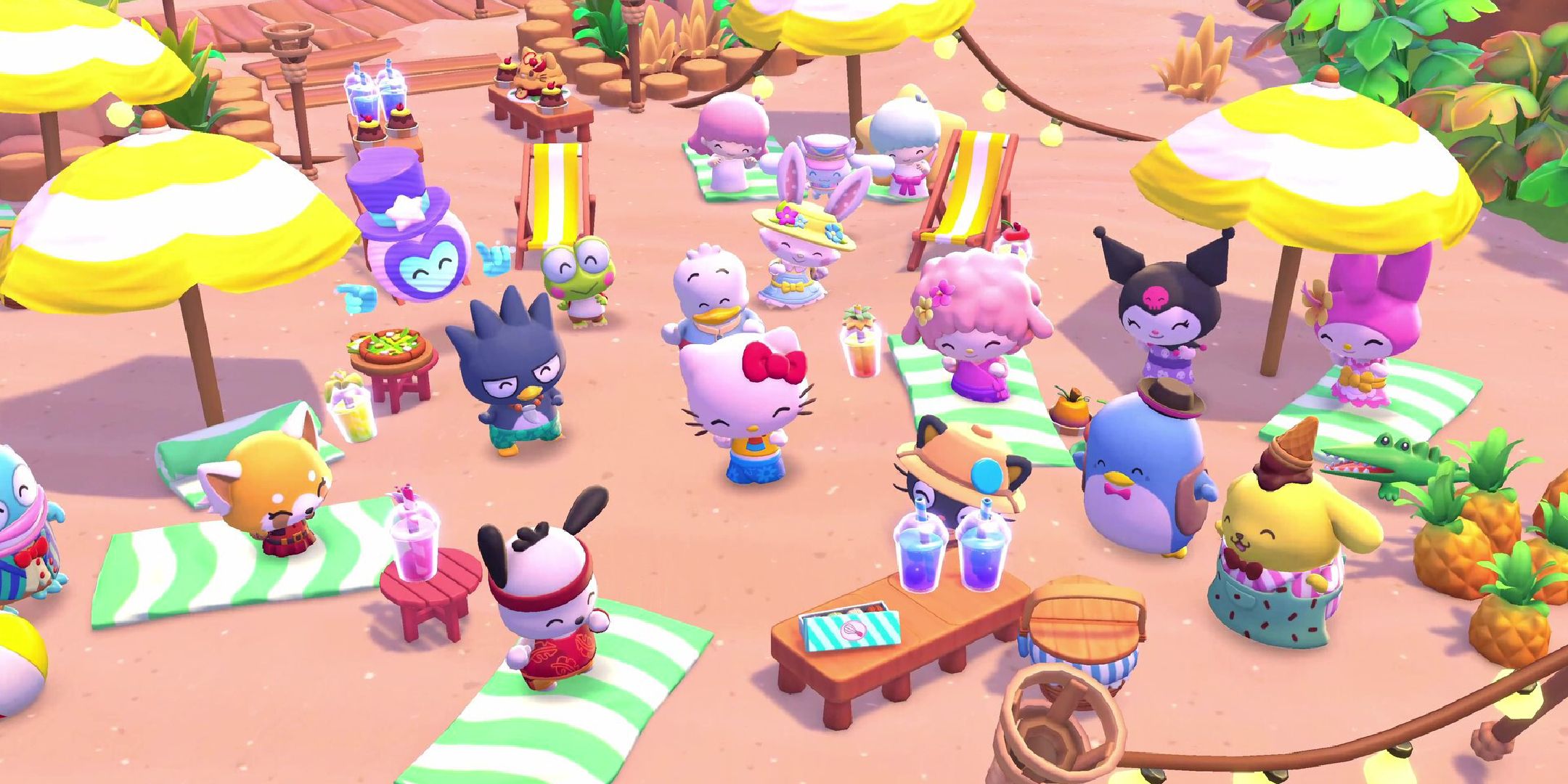 Hello Kitty Island Adventure roles are dancing on the beach.