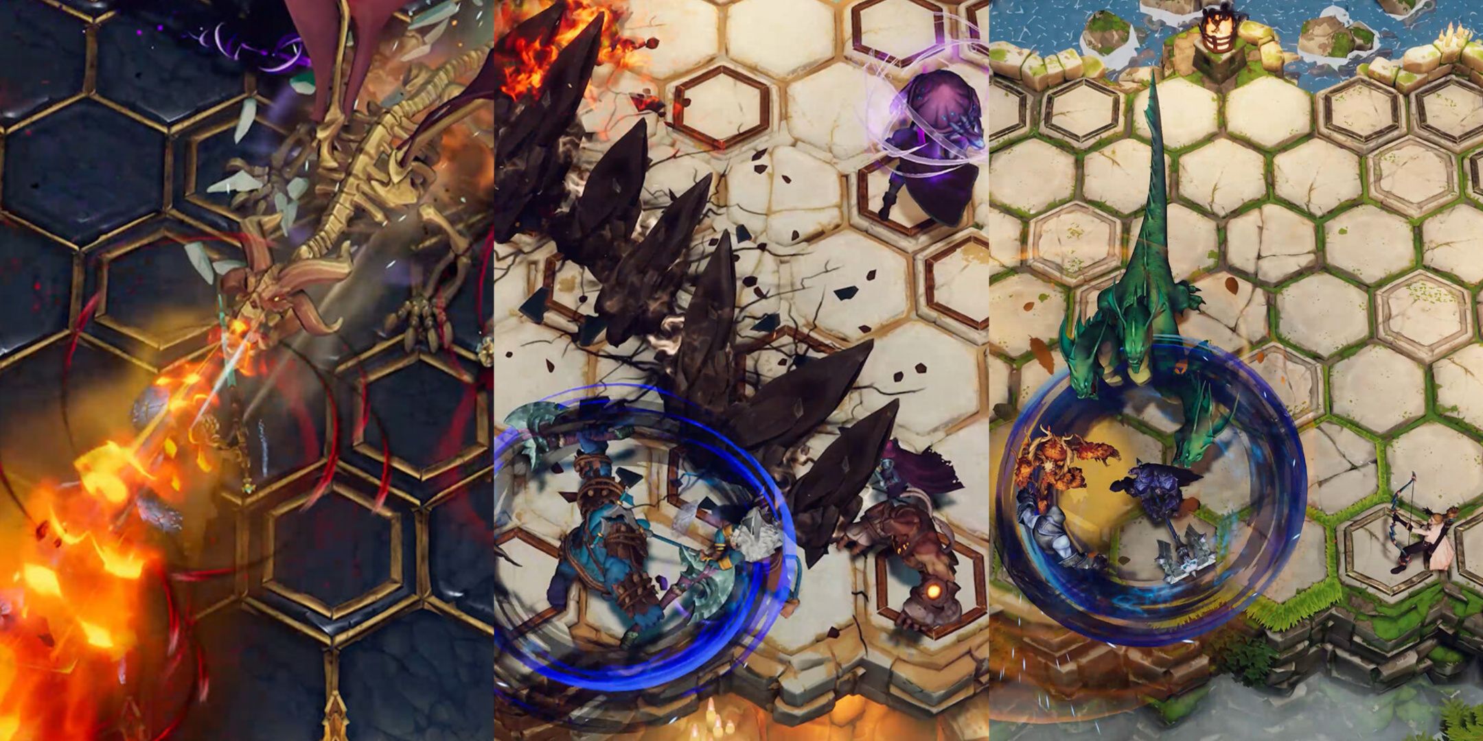 Left to right: A skeletal dragon breathes a cone of flame, a rift of earthen spines splits the land, a hydra approaches a spinning figure in The Last Flame.