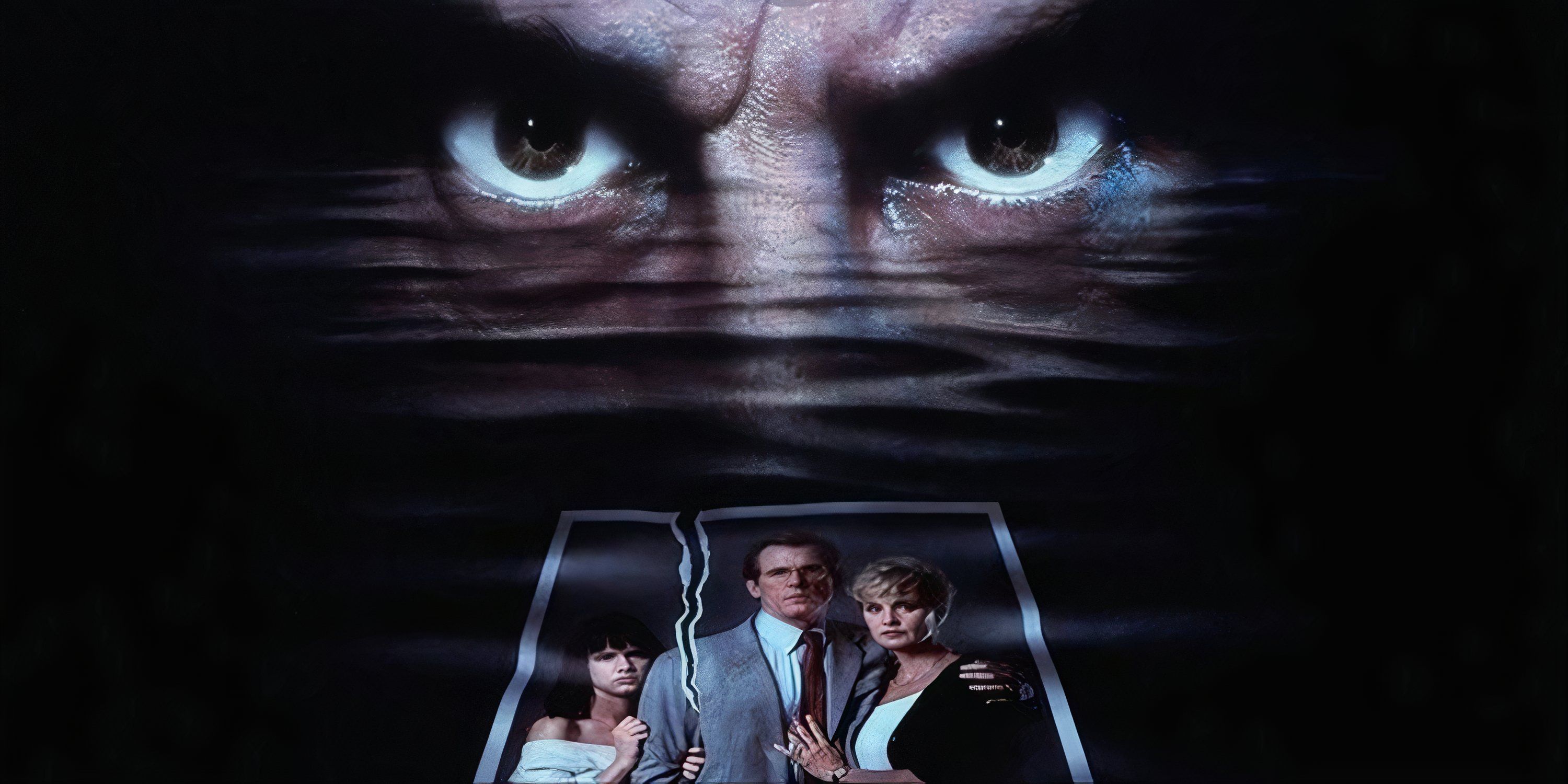 The main art for Cape Fear featuring Robert De Niro&rsquo;s menacing eyes and a family photo of Jessica Lange, Nick Nolte, Juliette Lewis' characters.