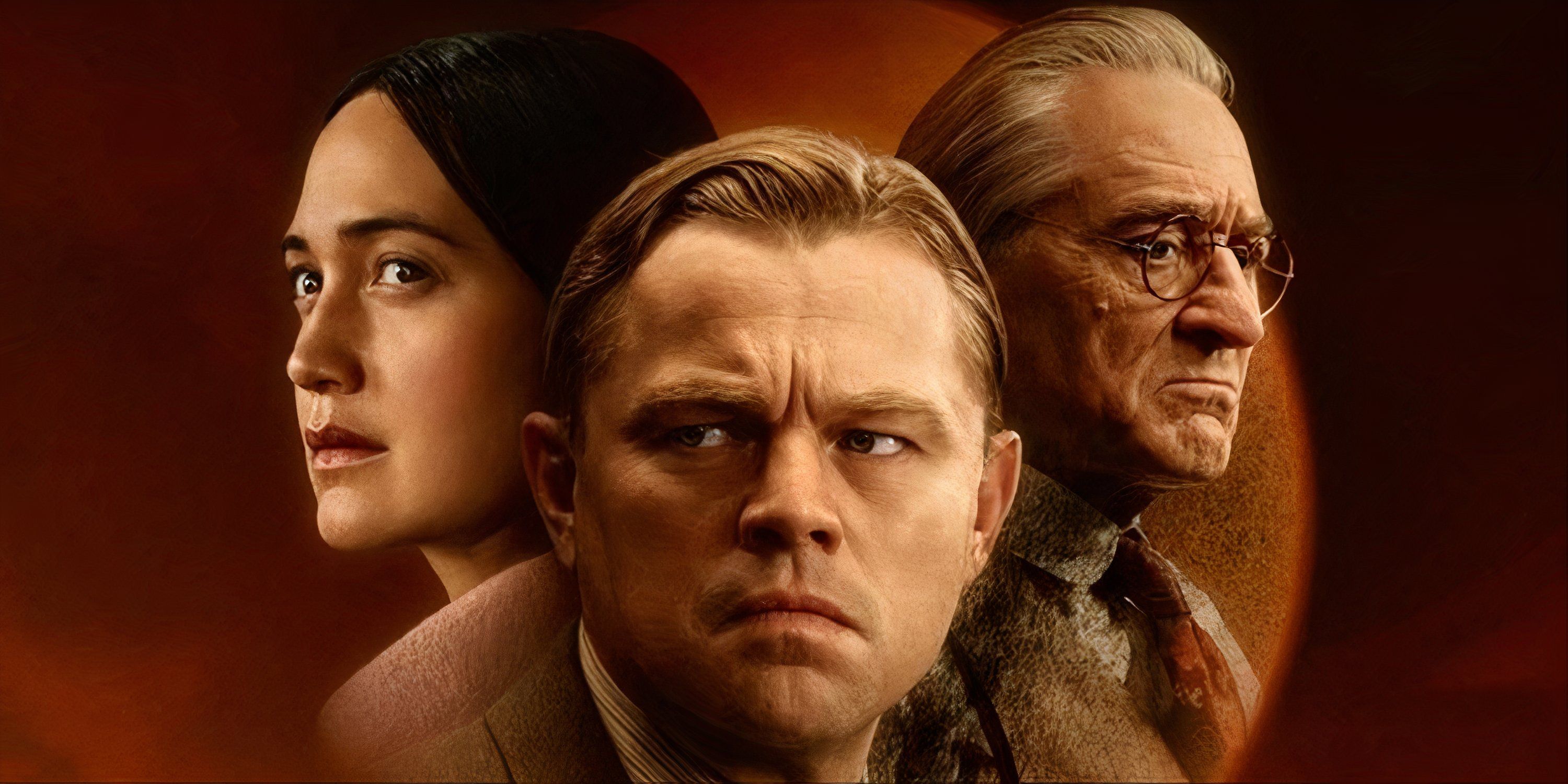 The main art for Killers of the Flower Moon featuring Leonardo DiCaprio, Robert De Niro, and Lily Gladstone.-1
