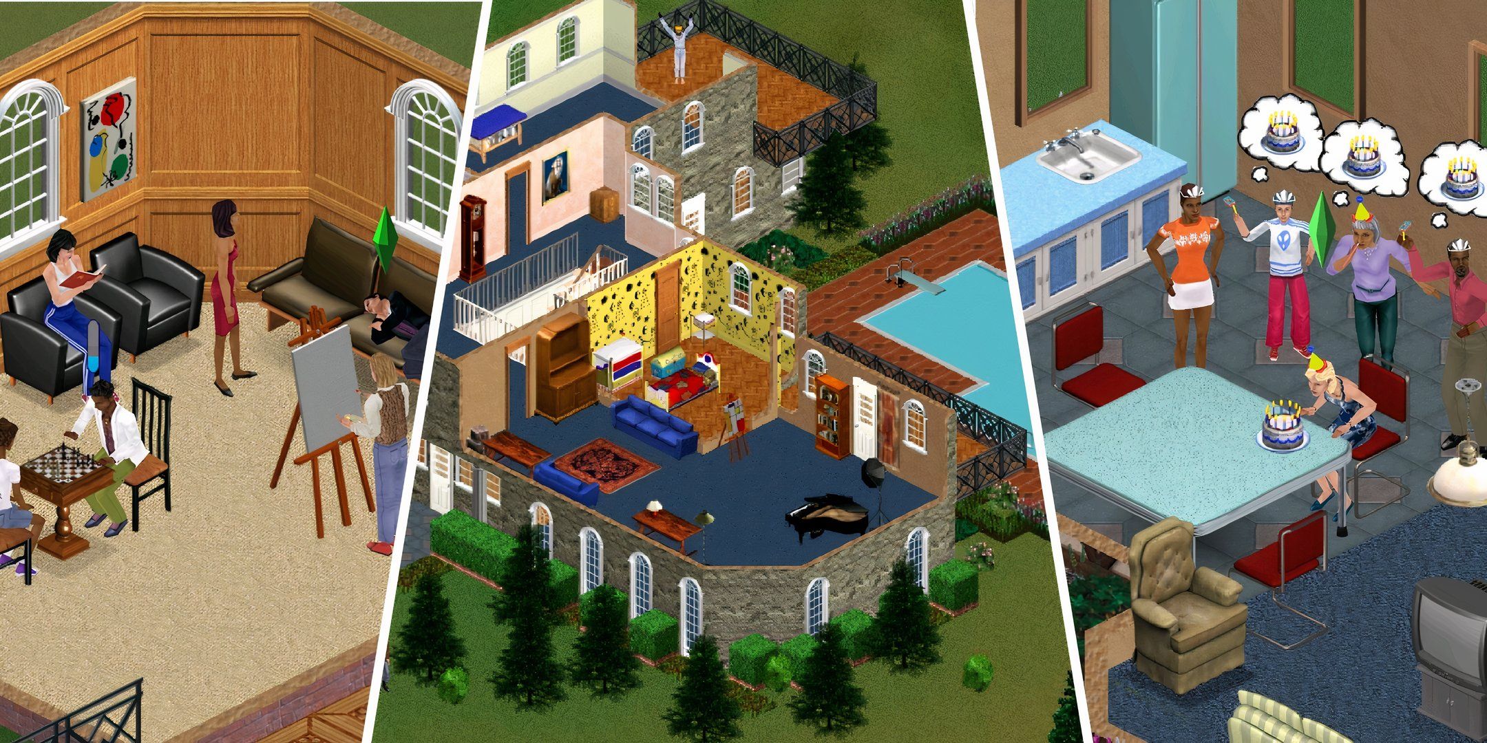 The sims 1 collage of sims in houses.