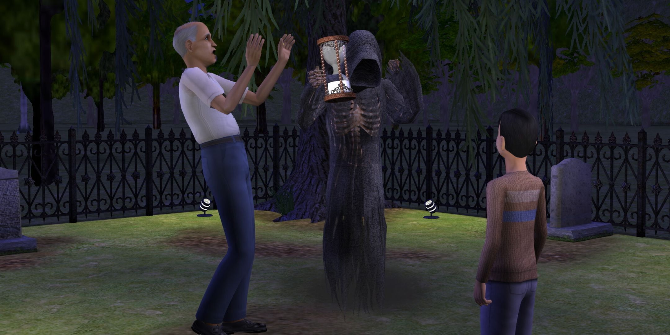 The Grim Reaper surprising two Sims in The Sims 2