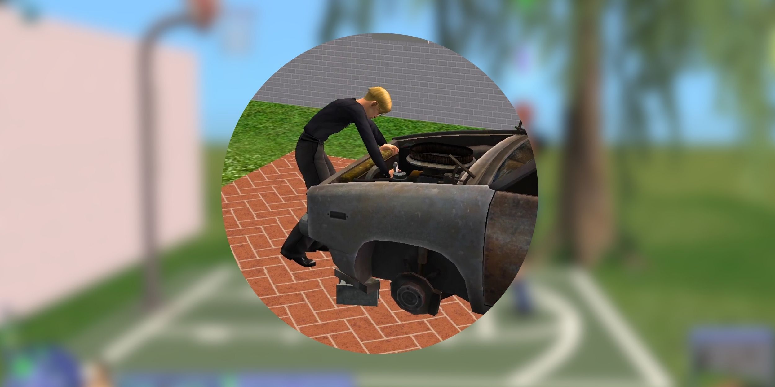 A sim tinkering with a broken car in The Sims 2.