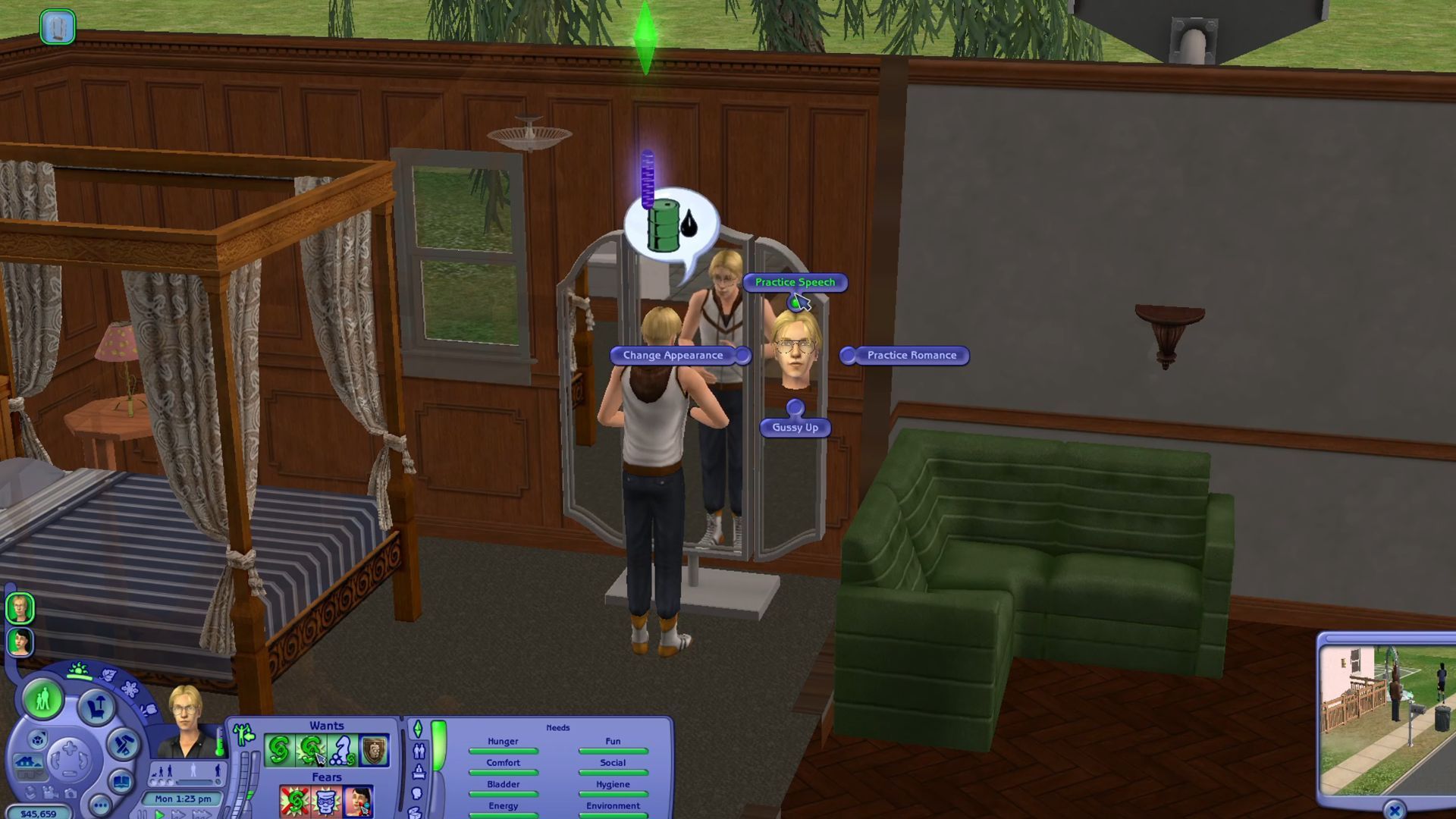 The different actions that can be done with a mirror in The Sims 2.