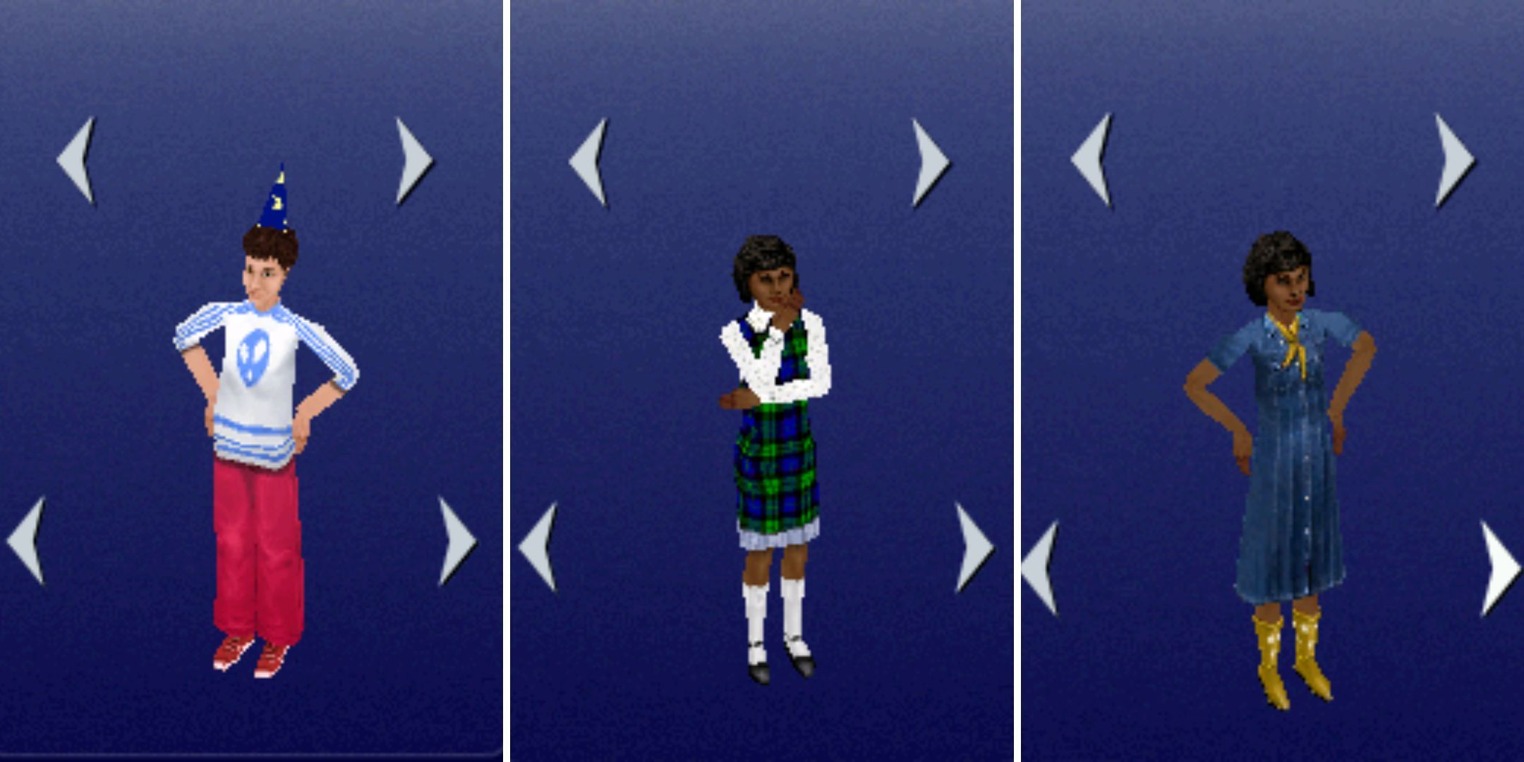 Three child sims stand on a blue background. A boy wears an alien sweatshirt, a girl wears a plaid dress, and a third girl wears a denim dress.