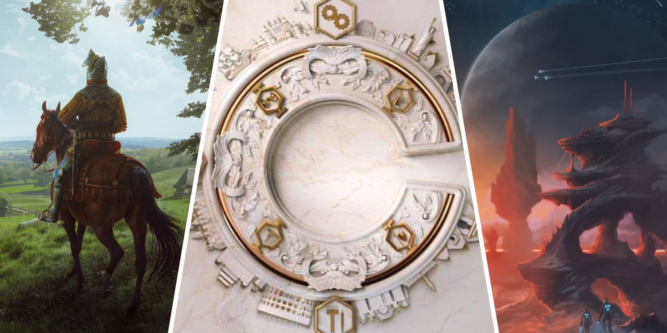 سه تصویر از هنر اصلی اصلی از Manor Lords ، تمدن سید مایر VII و Stellaris.
