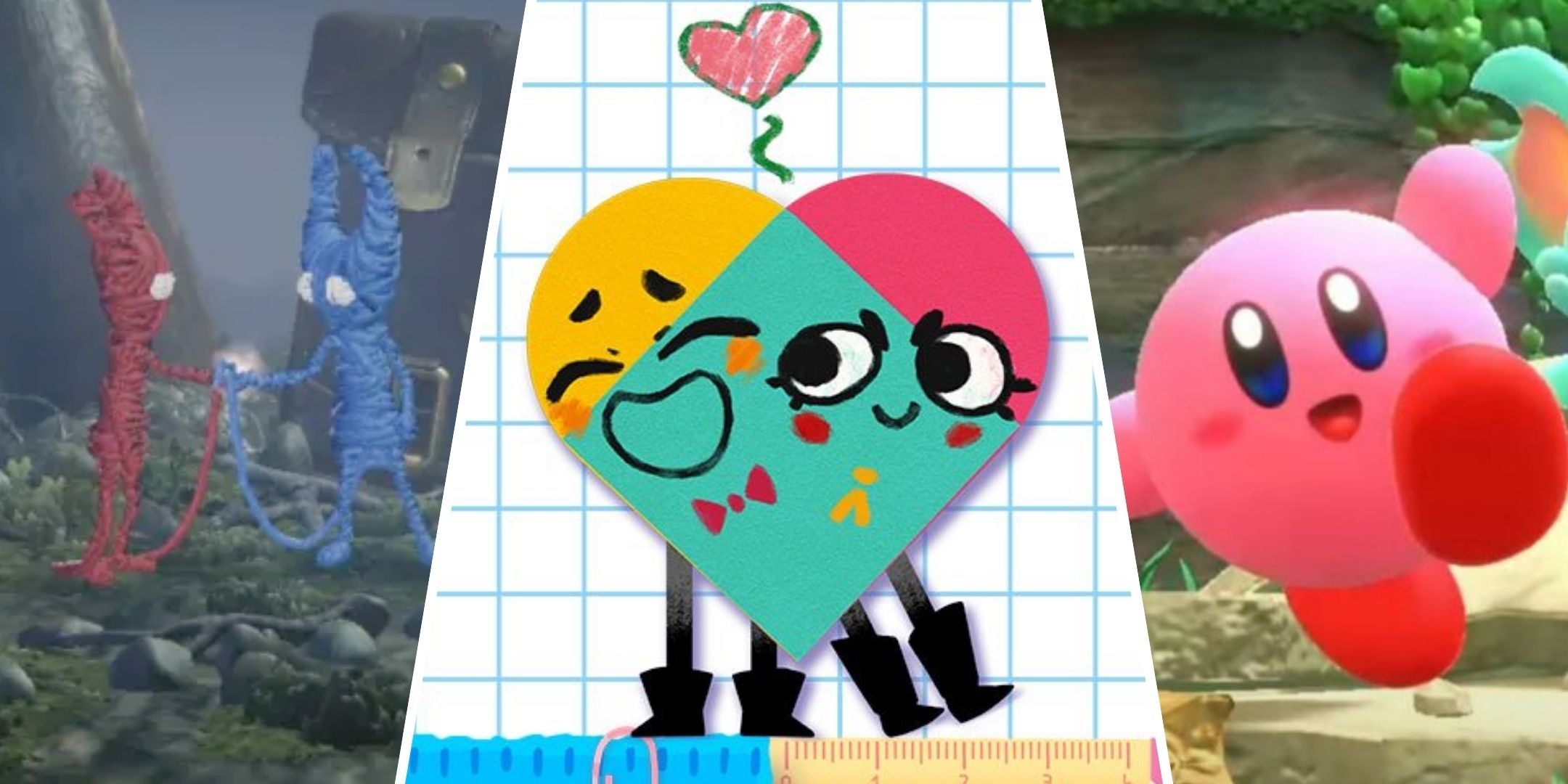 Three Images Of Two Yarnys From Unravel Two Snip And Clip From Snipperclips And Kirby From Kirby And The Forgotten Land