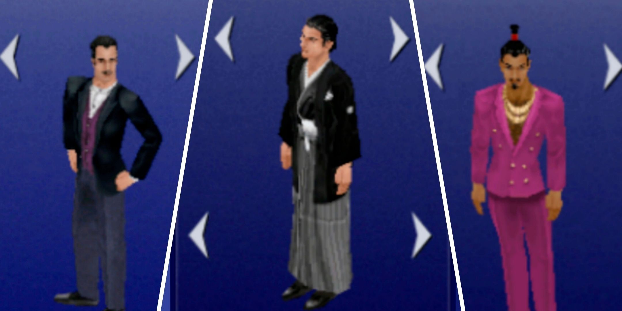 Three Male Sims In Various Outfits Such As A Kimono And Suit From The Sims 1 Legacy Collection.