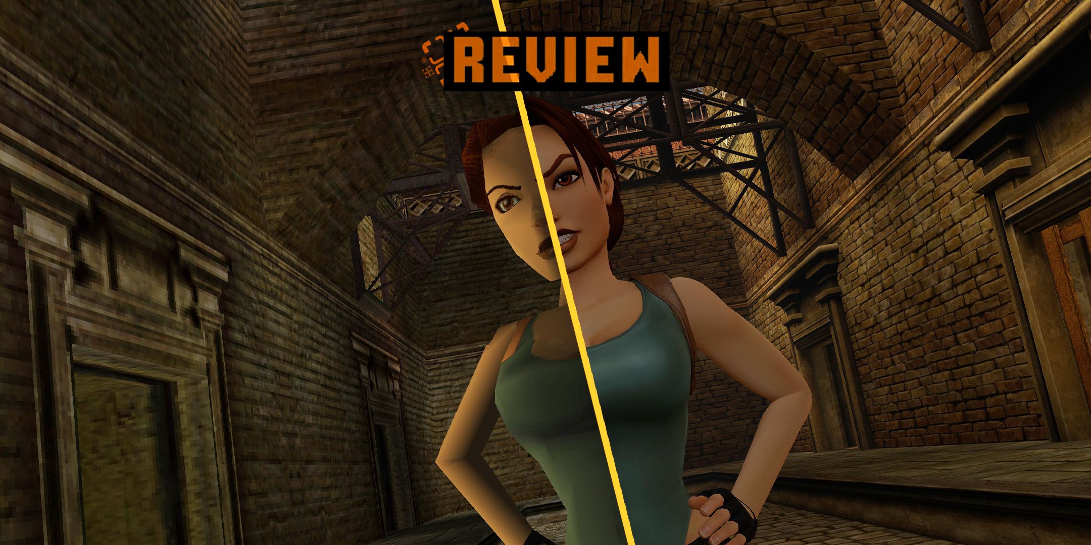 Tomb Raider 4-6 Remastered side-by-side of Lara Croft smiling with her arms on her hips, word &lsquo;Review&rsquo; is overlayed on top.
