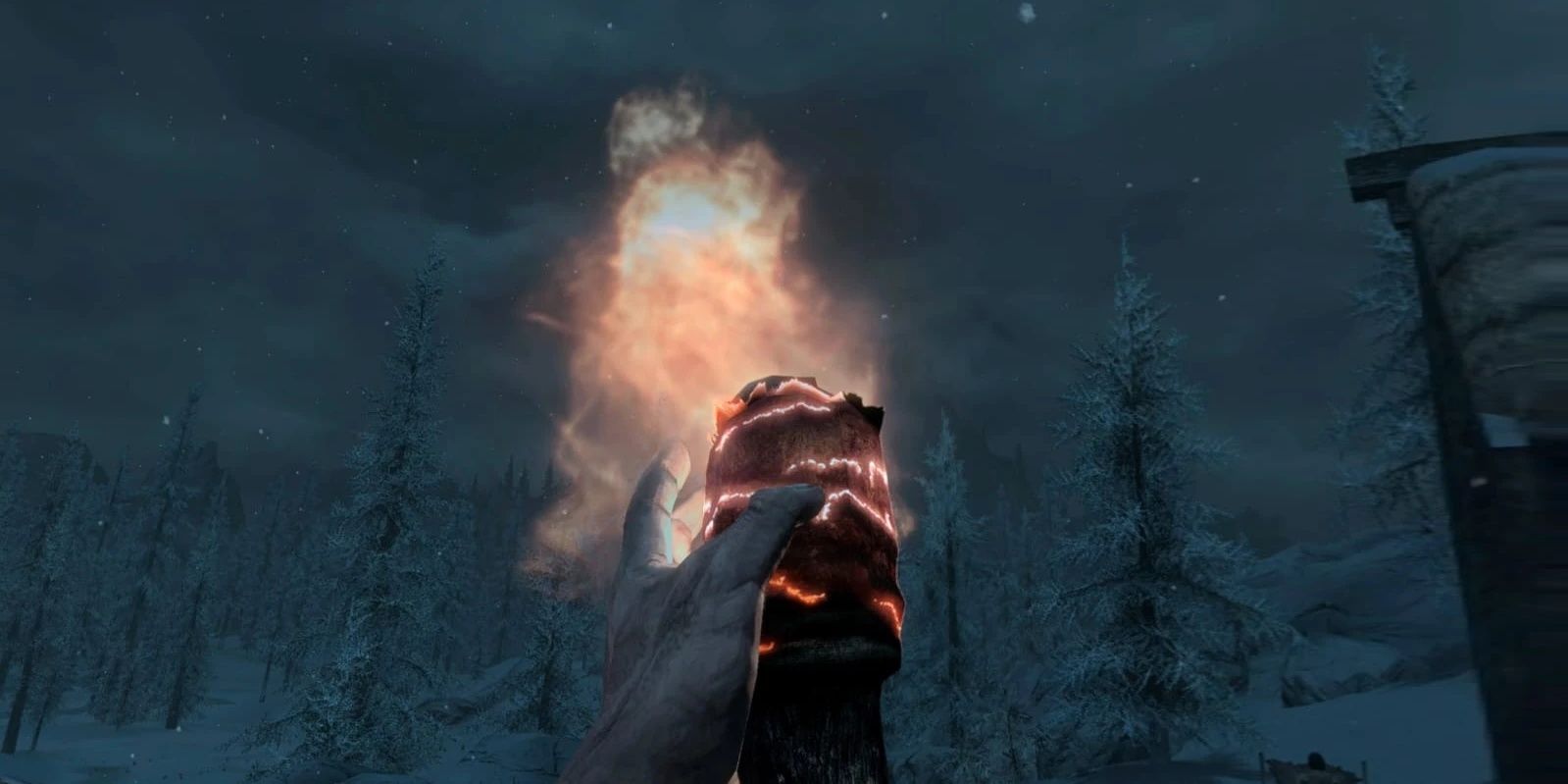 Skyrim: Lighting up a torch with fire magic.