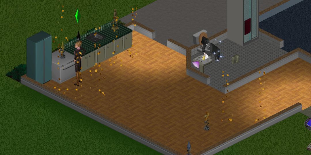 Treasure falls from the sky while a Sim stands in the kitchen in The Sims.