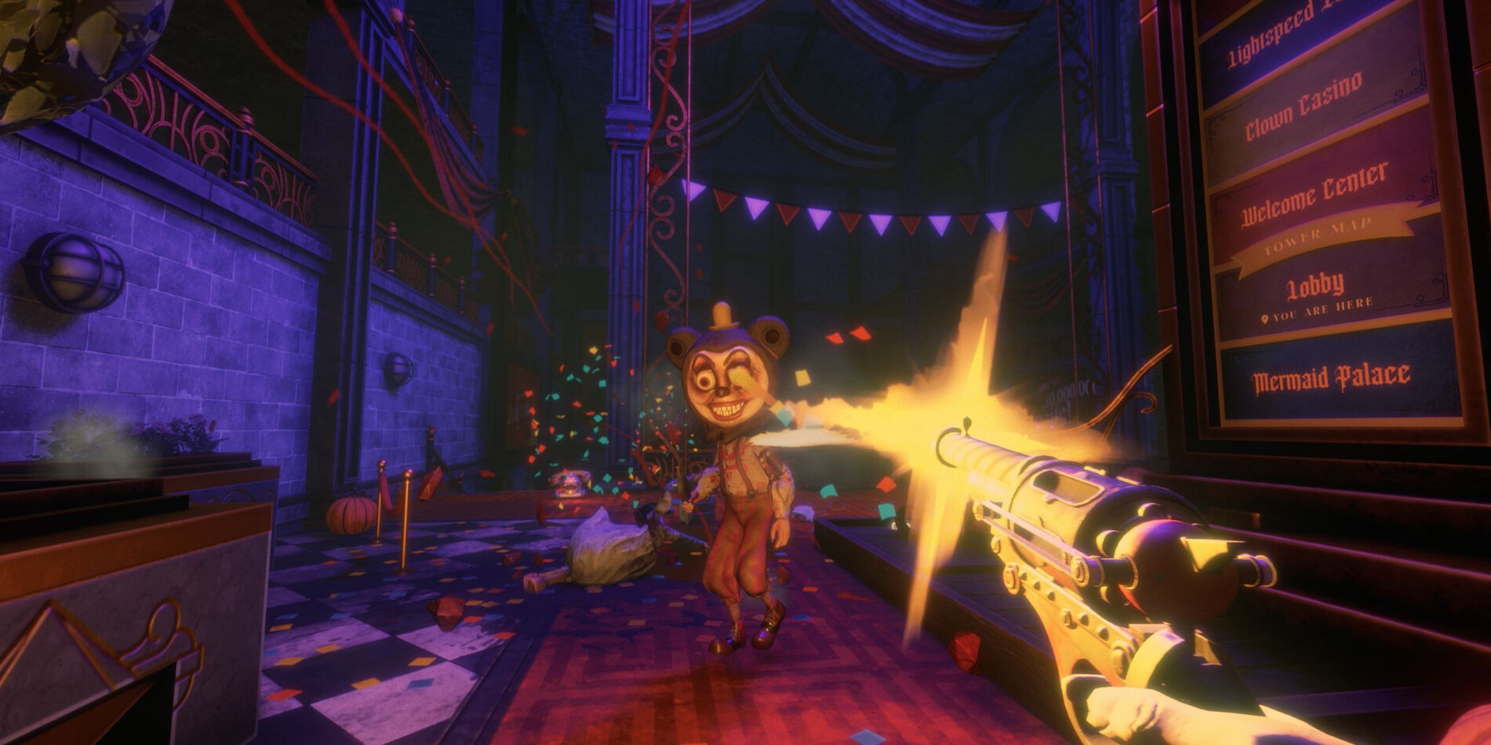 Twisted Tower screenshot of player shooting a mascot with a pistol.