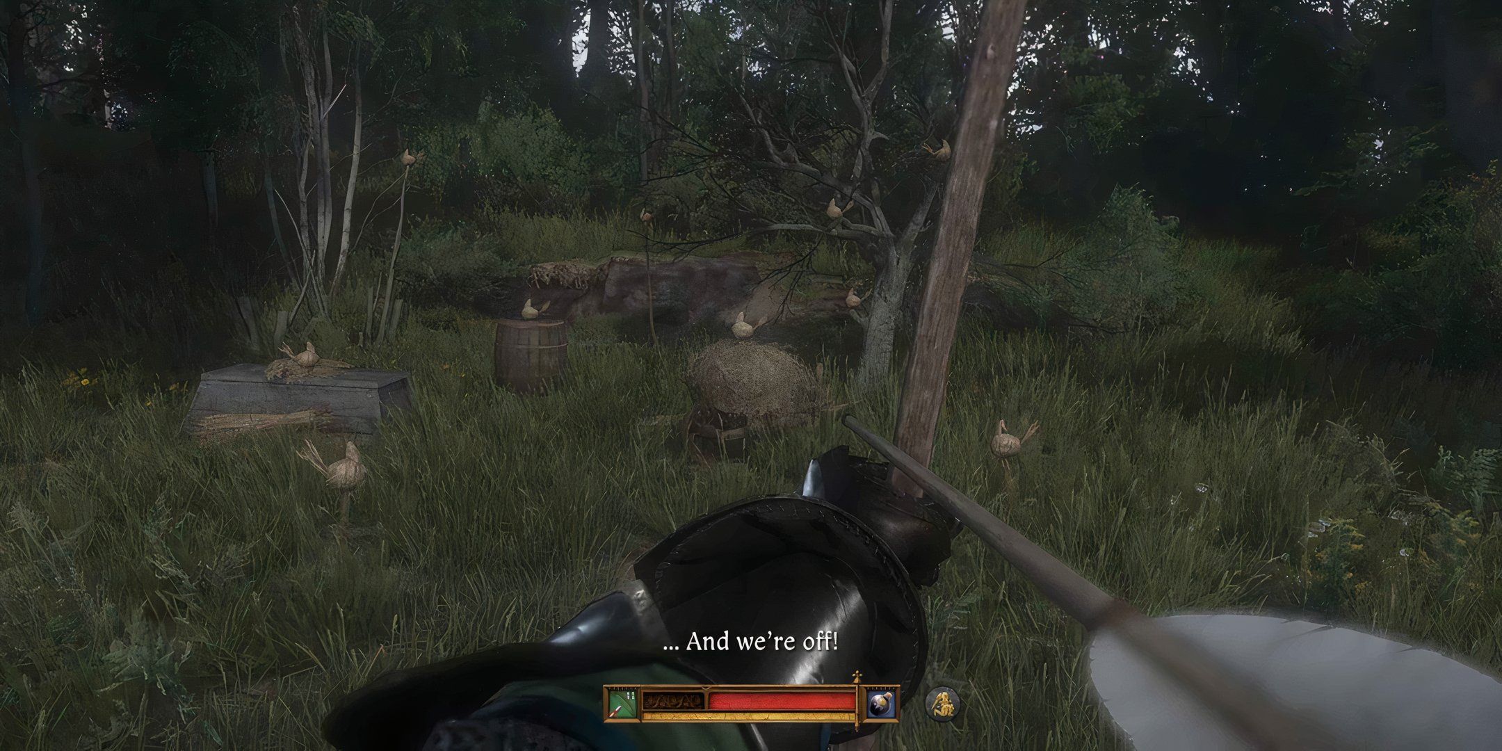 Henry firing at wooden ducks in a firing competition in Kingdom Come Deliverance 2. 