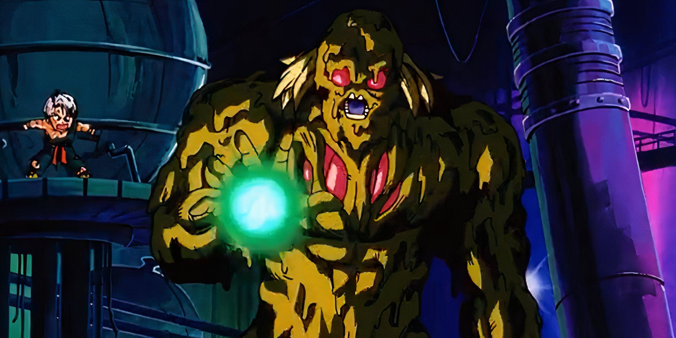 Bio Broly shooting an energy blast with Trunk in the background in Dragon Ball Z.