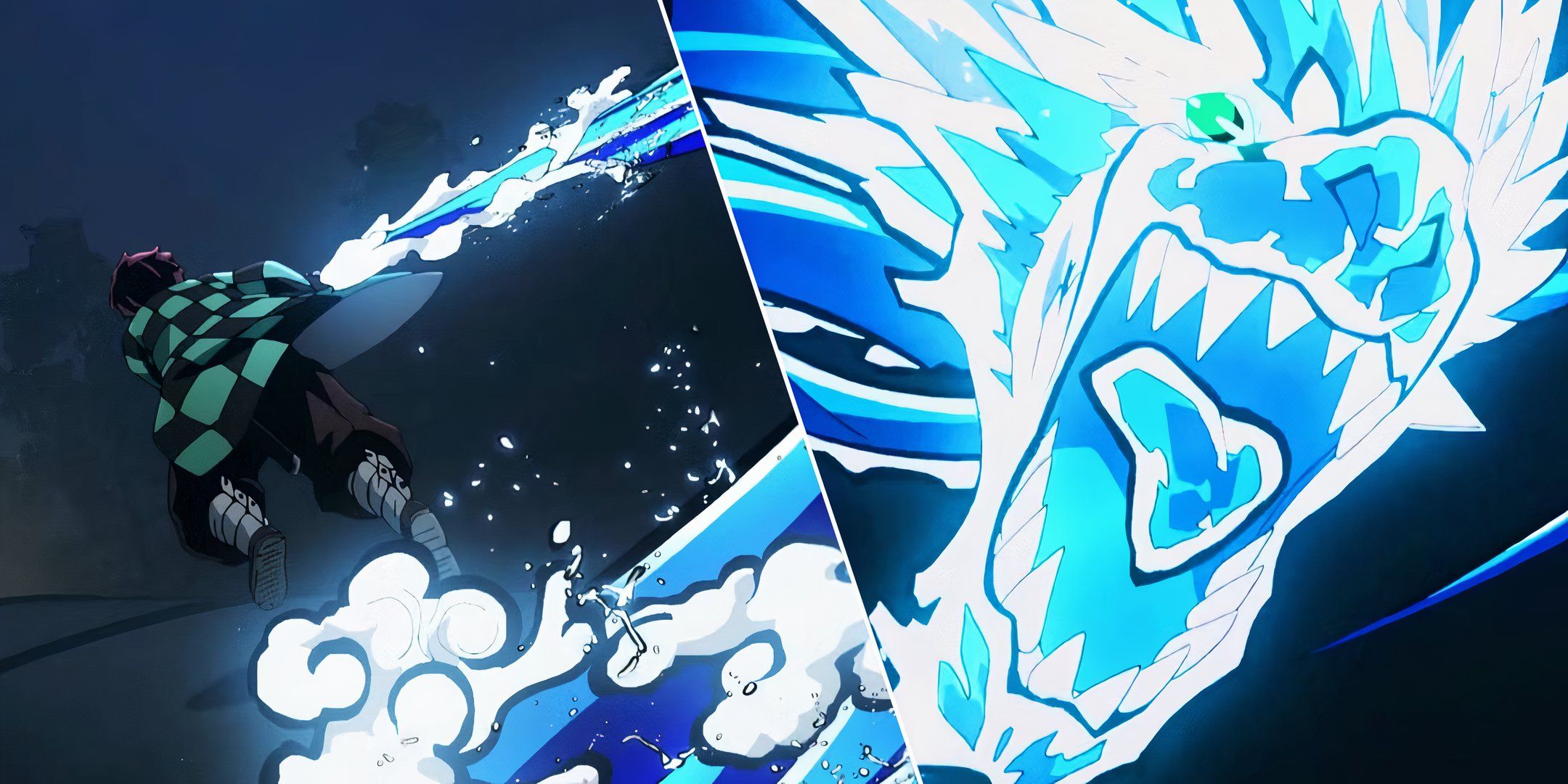 Tanjiro using water breathing, and water breathing styles.