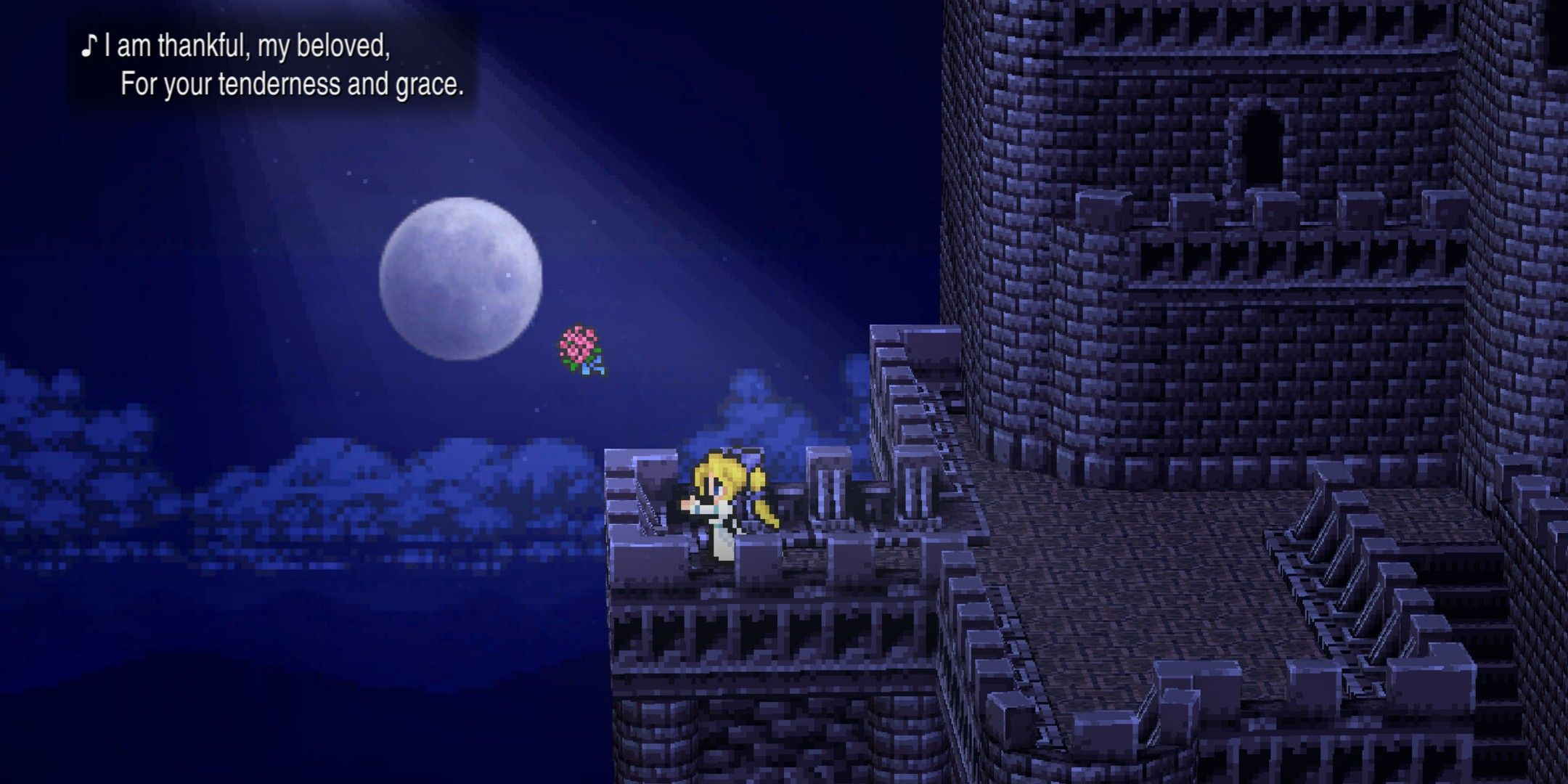Celes singing on a moonlit castle balcony in Final Fantasy 6.