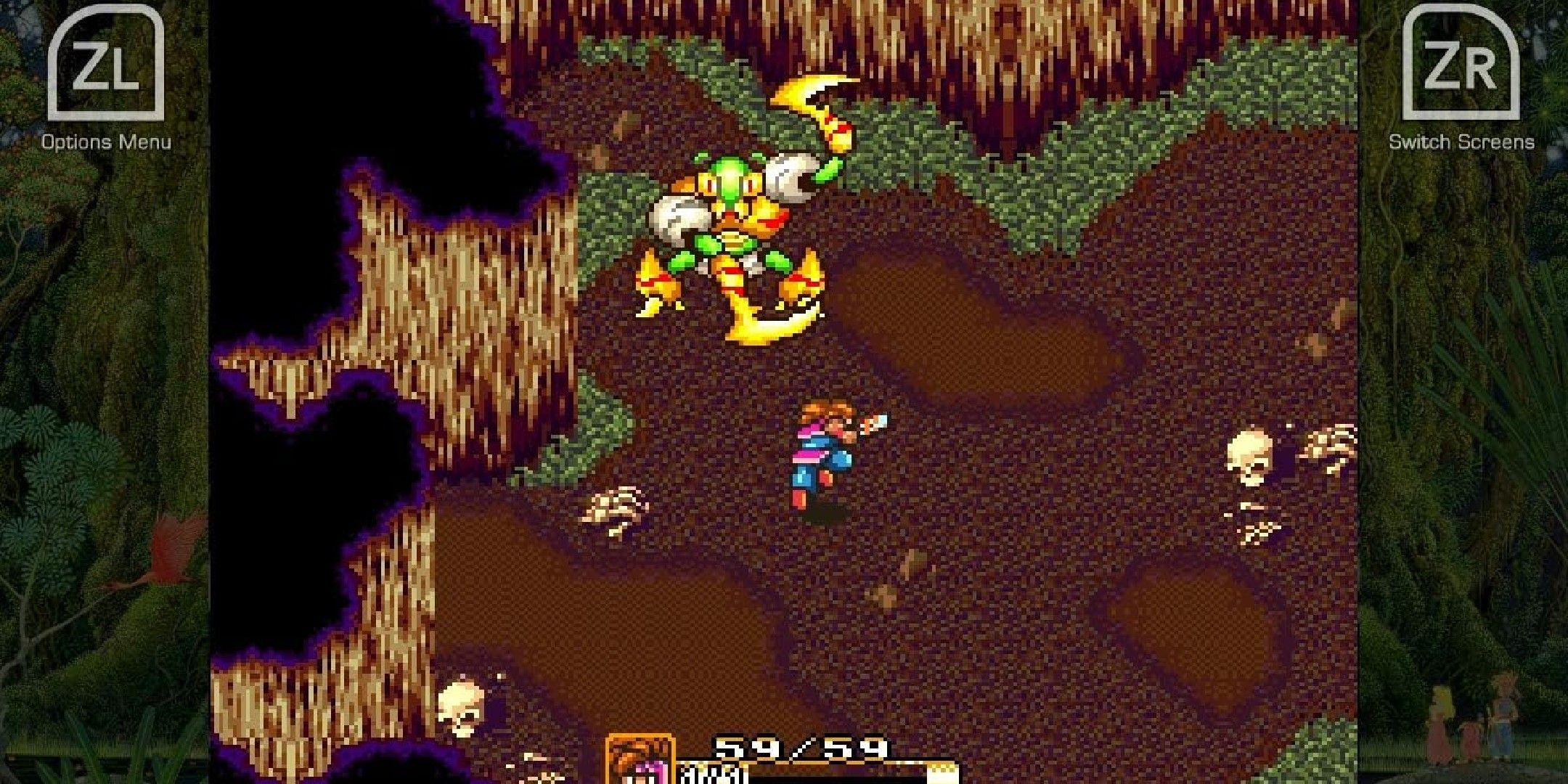 Hero fighting a giant insect monster in a cave.