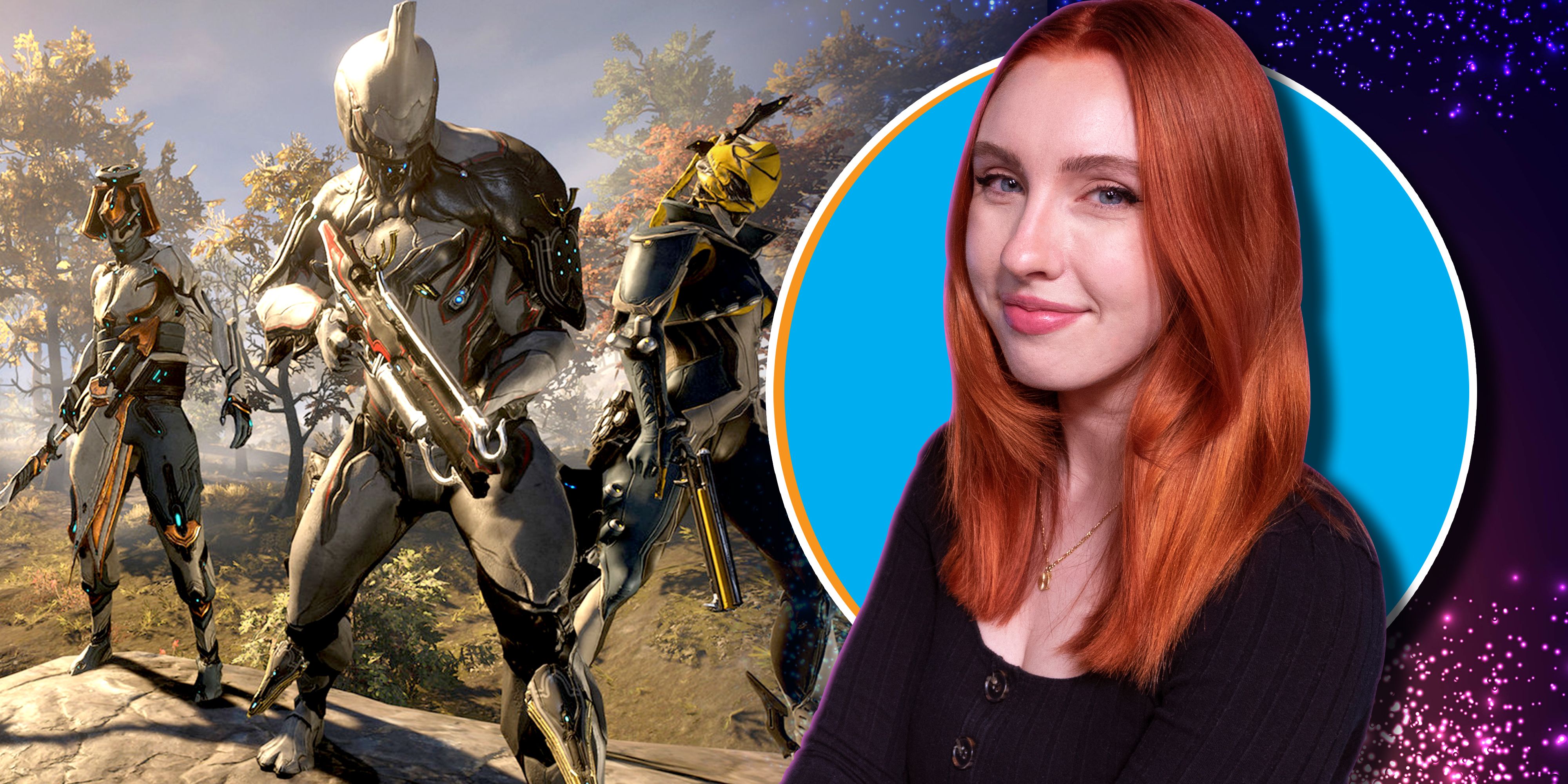 A collage image of several warframes and Megan Everett.