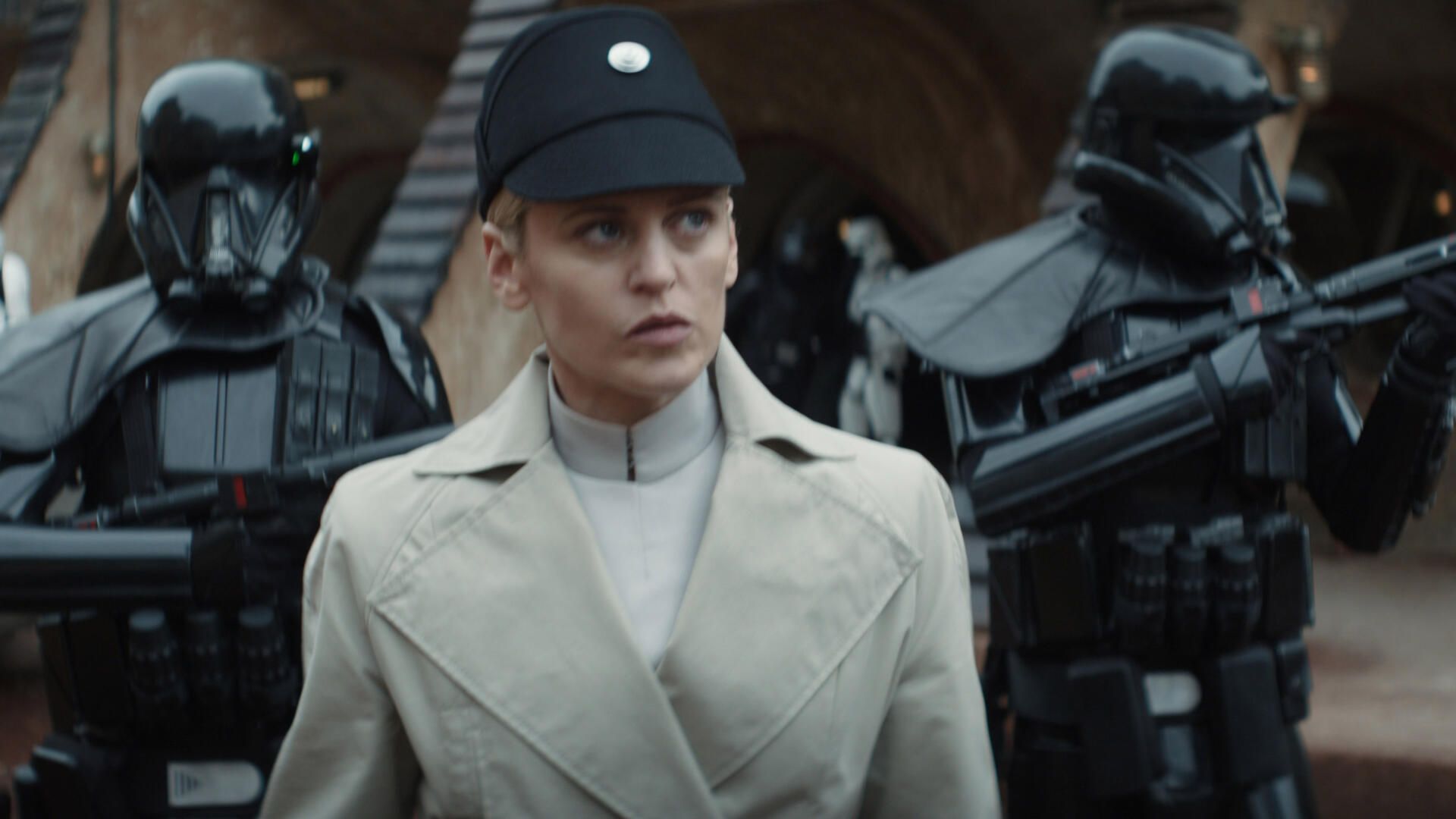 Image of Denise Gough in Andor with Death Troopers.