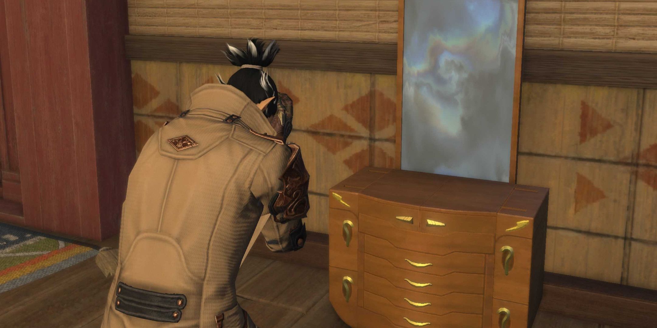 A Final Fantasy 14 elezen facepalming in front of a glamour dresser
