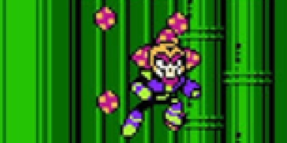 The megaman 6 game play screenshot, which depicts the mid -jump to the plantman.