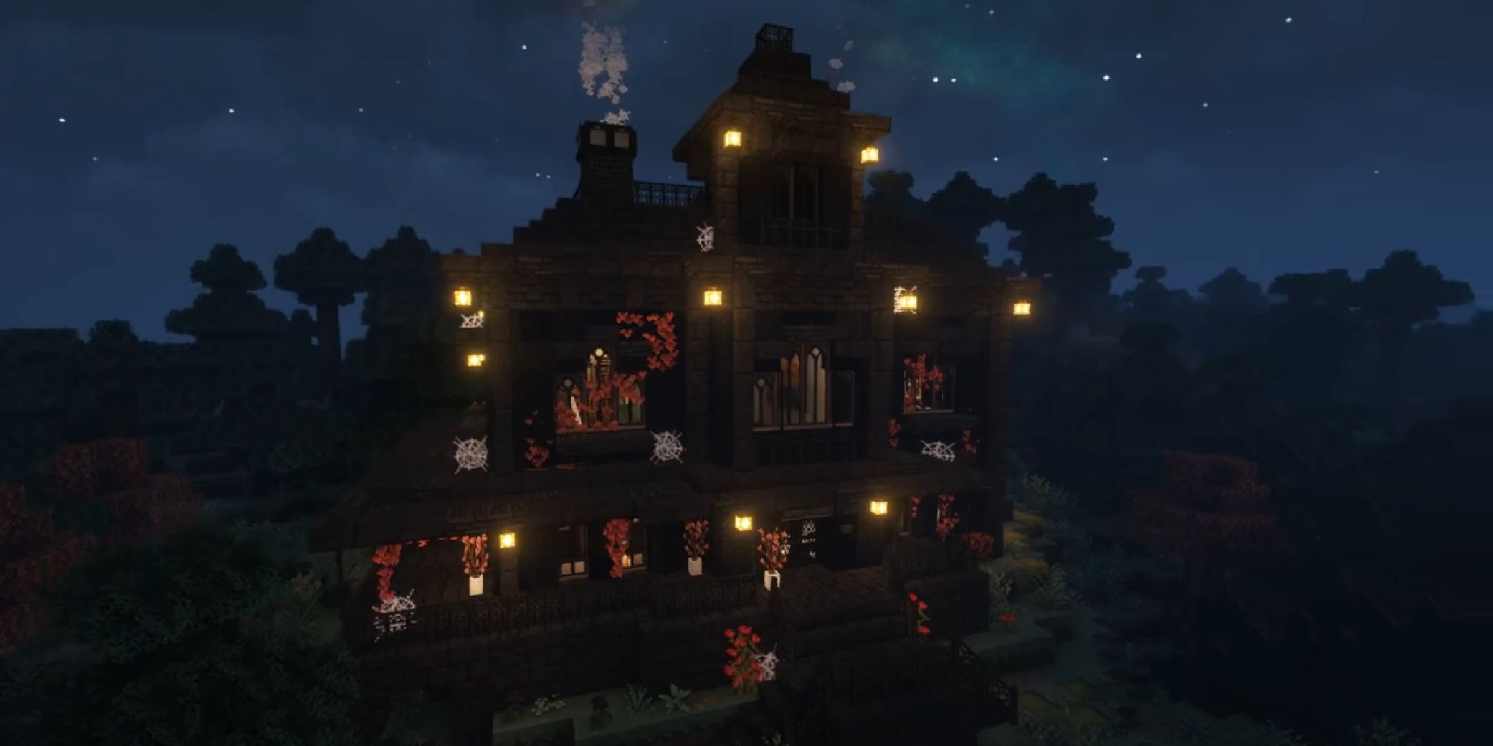 A Minecraft vampire mansion in the dark, by cozysquirrel.