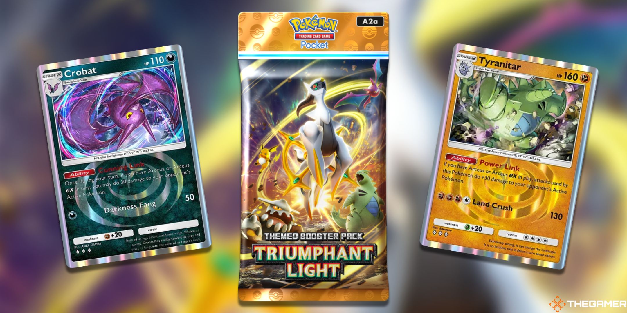 A pack of Pokemon TCG Pocket Triumphant Light surrounded by powerful Arceus Link cards including Tyranitar and Crobat.