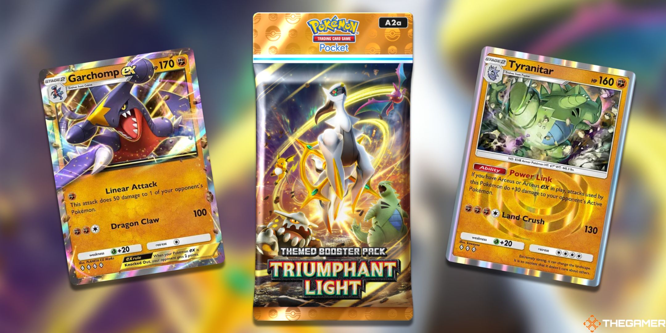 A pack of Pokemon TCG Pocket Triumphant Light surrounded by powerful Fighting-type cards including Tyranitar and Garchomp ex.