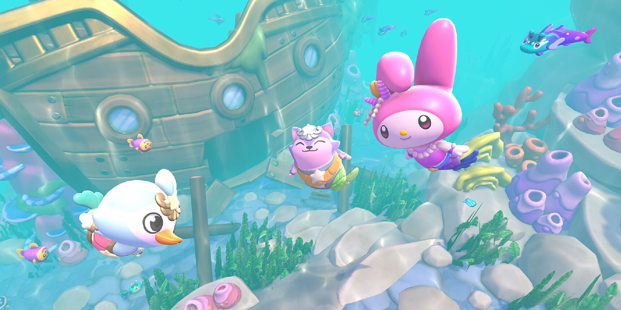 A promotional image showing My Melody and players swimming in Hello Kitty Island Adventure.