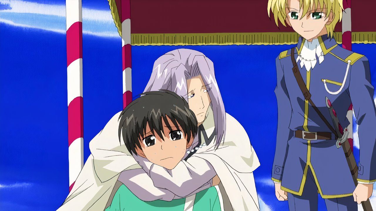 A still frame of Kyo Kara Maoh, showing three characters in various poses - one hugging the other, while the third stands off to the side.