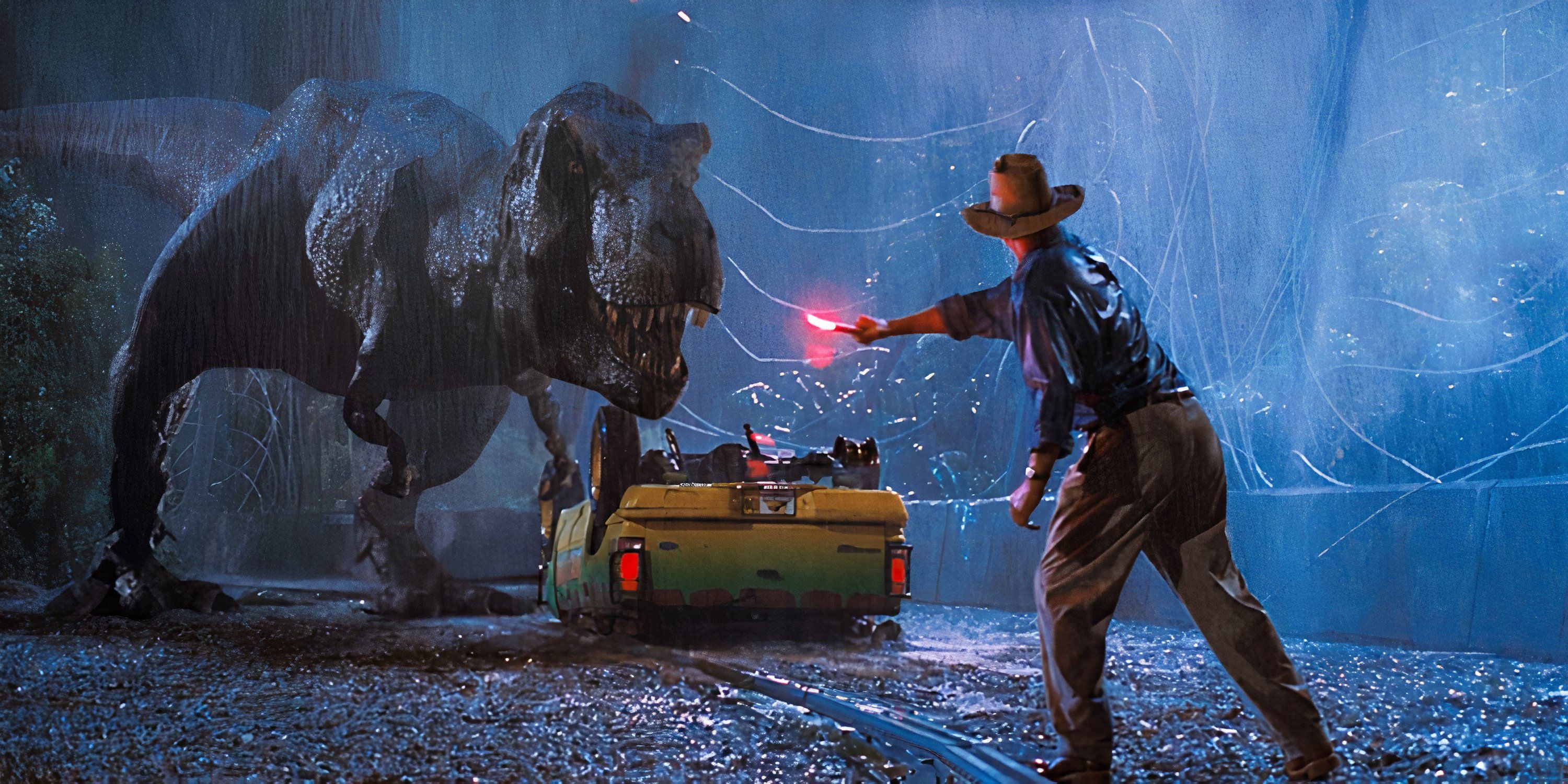 Alan Grant uses a flare to distract a T-Rex in Jurassic Park.