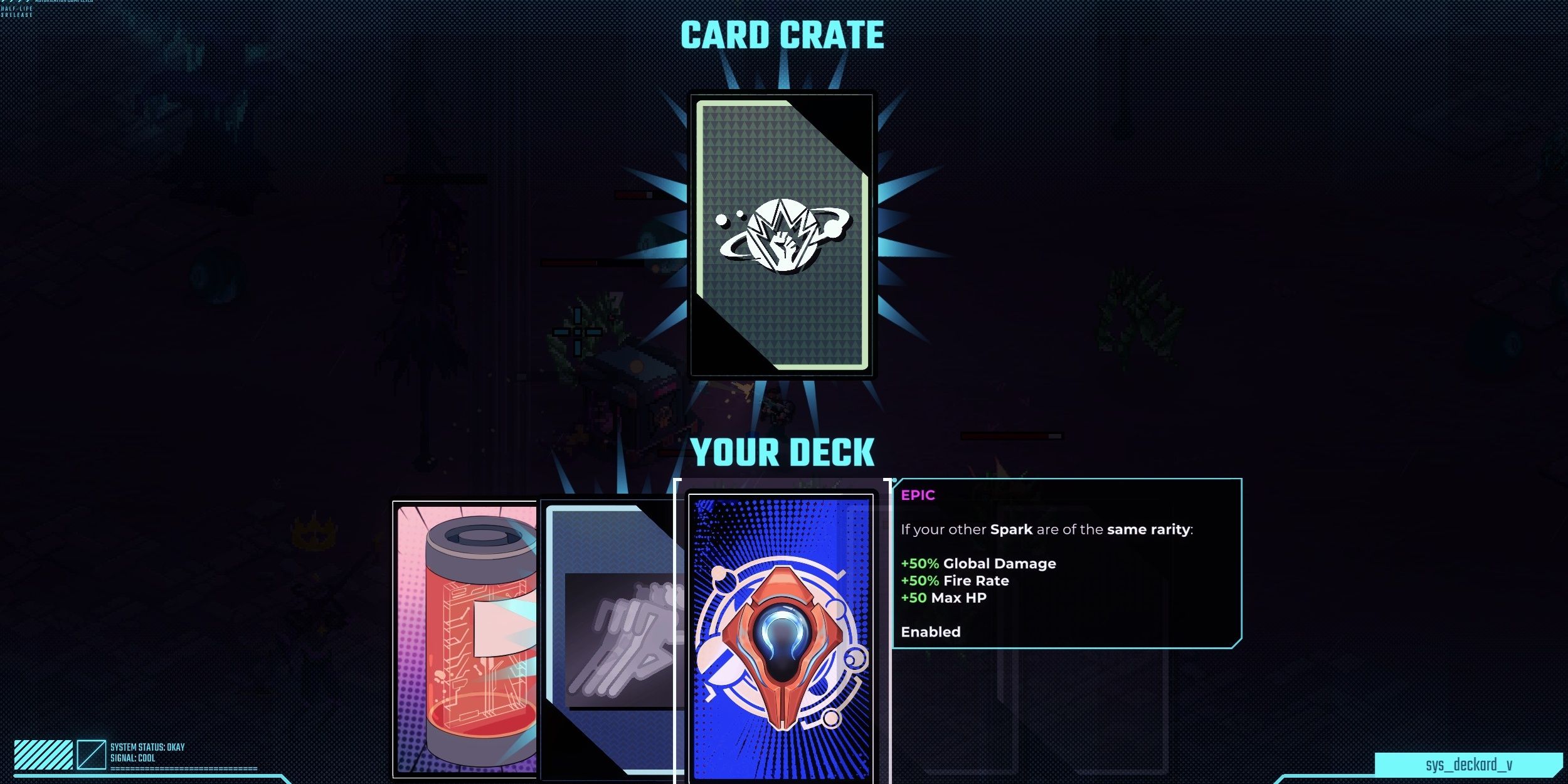 The Card Crate menu, with the Alien Shield card highlighted among other cards in Sodaman.