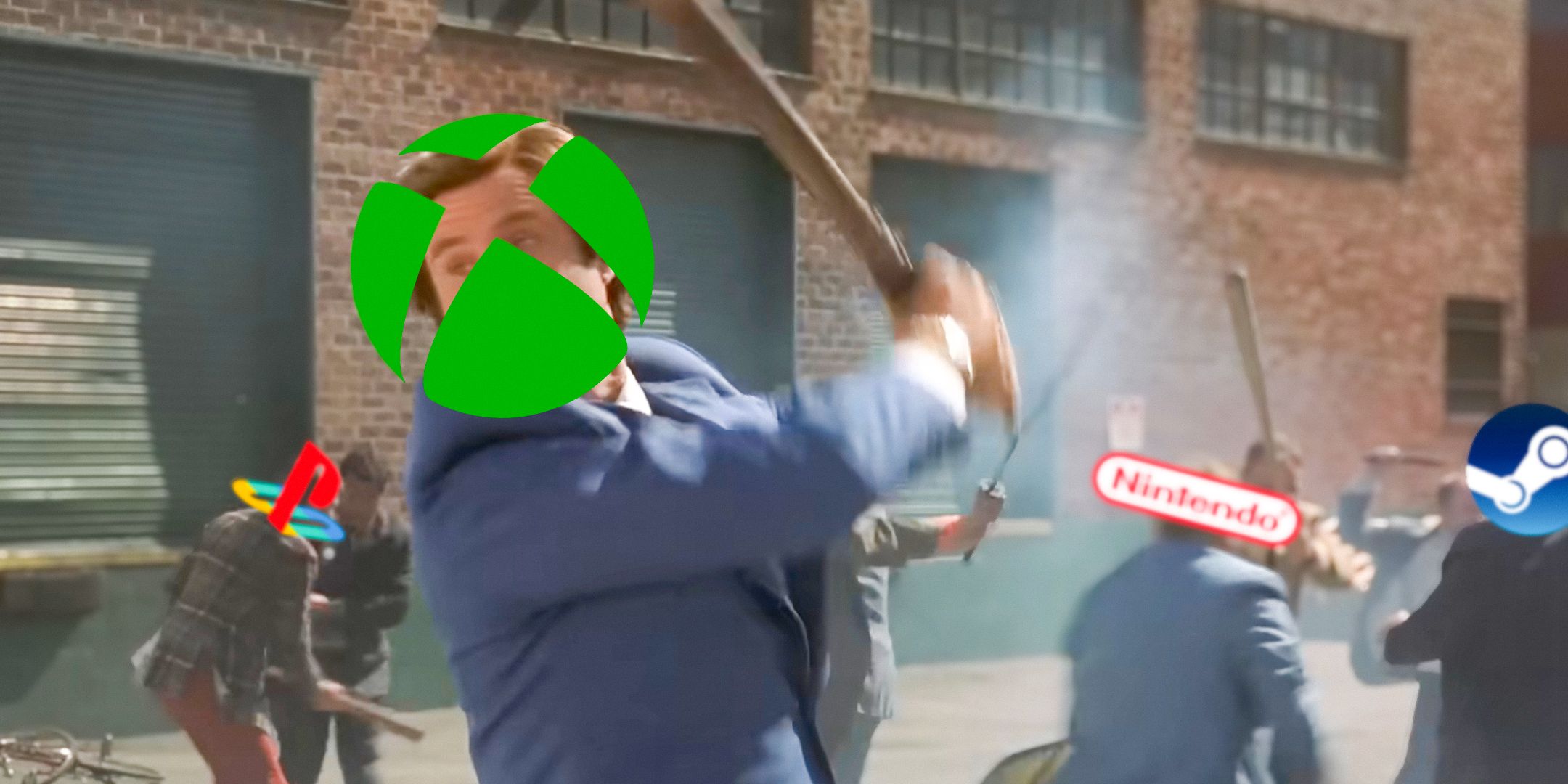 The fight scene from Anchorman with Xbox, PlayStation, Nintendo, and steam logos on their faces. 