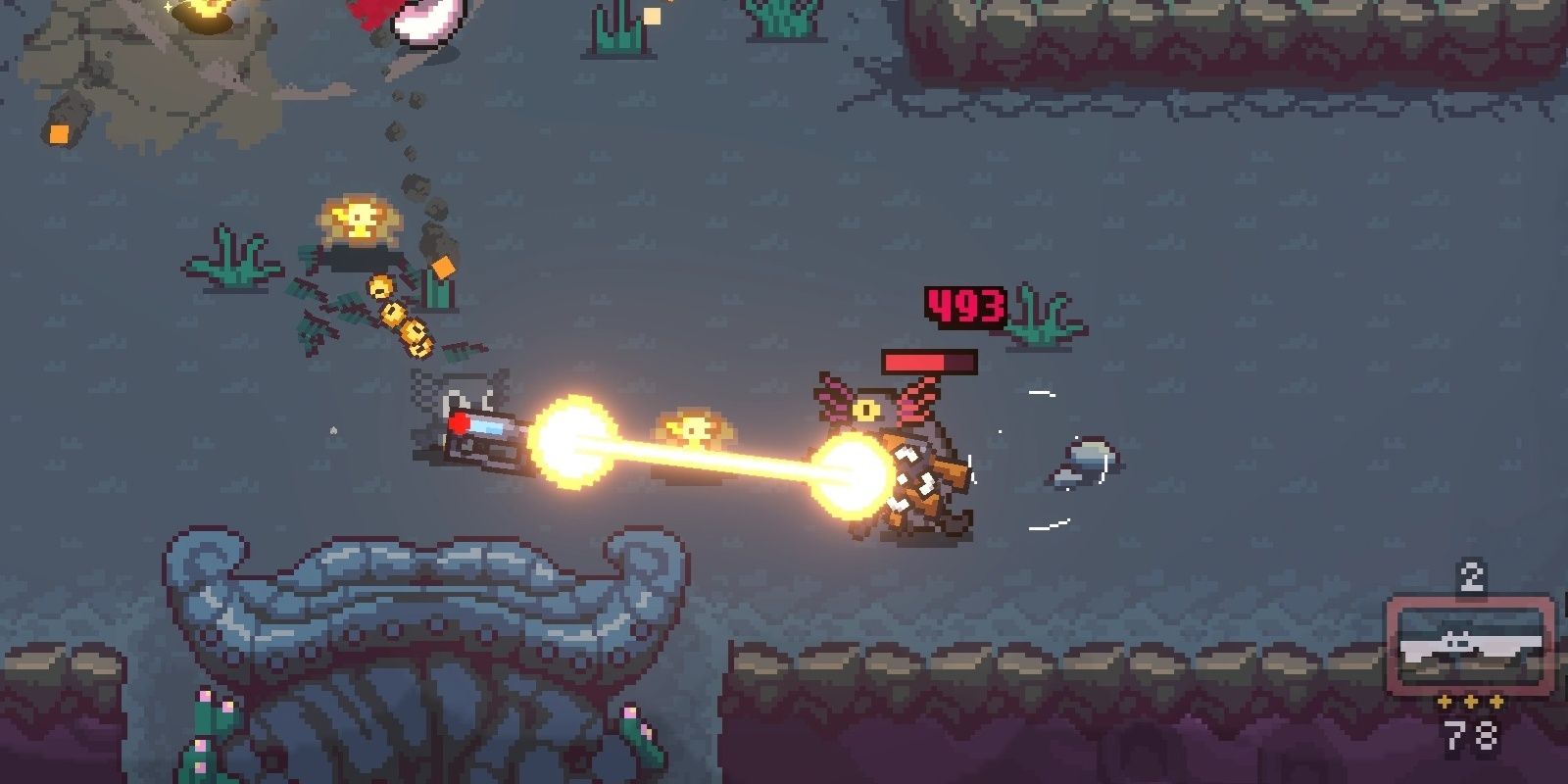 A penguin-patterned axolotl wields an exotic weapon, firing a laser at an eldritch being in AK-xolotl.