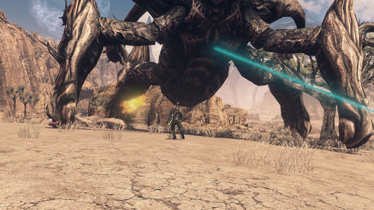A character approaching a large monster in Oblivia in Xenoblade Chronicles X.