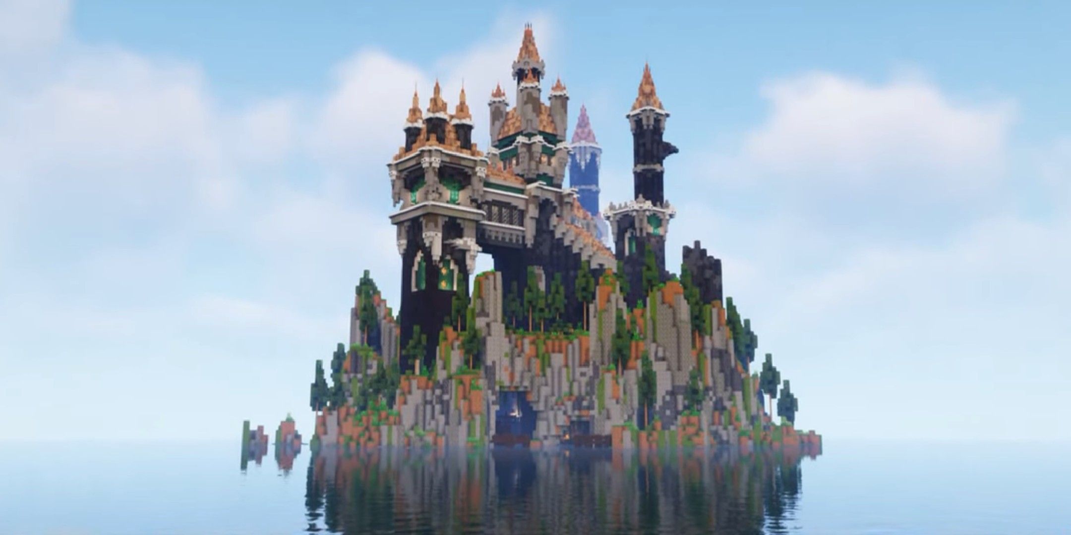 Ash Den's Minecraft Gothic Fantasy Castle perched on a rocky island.
