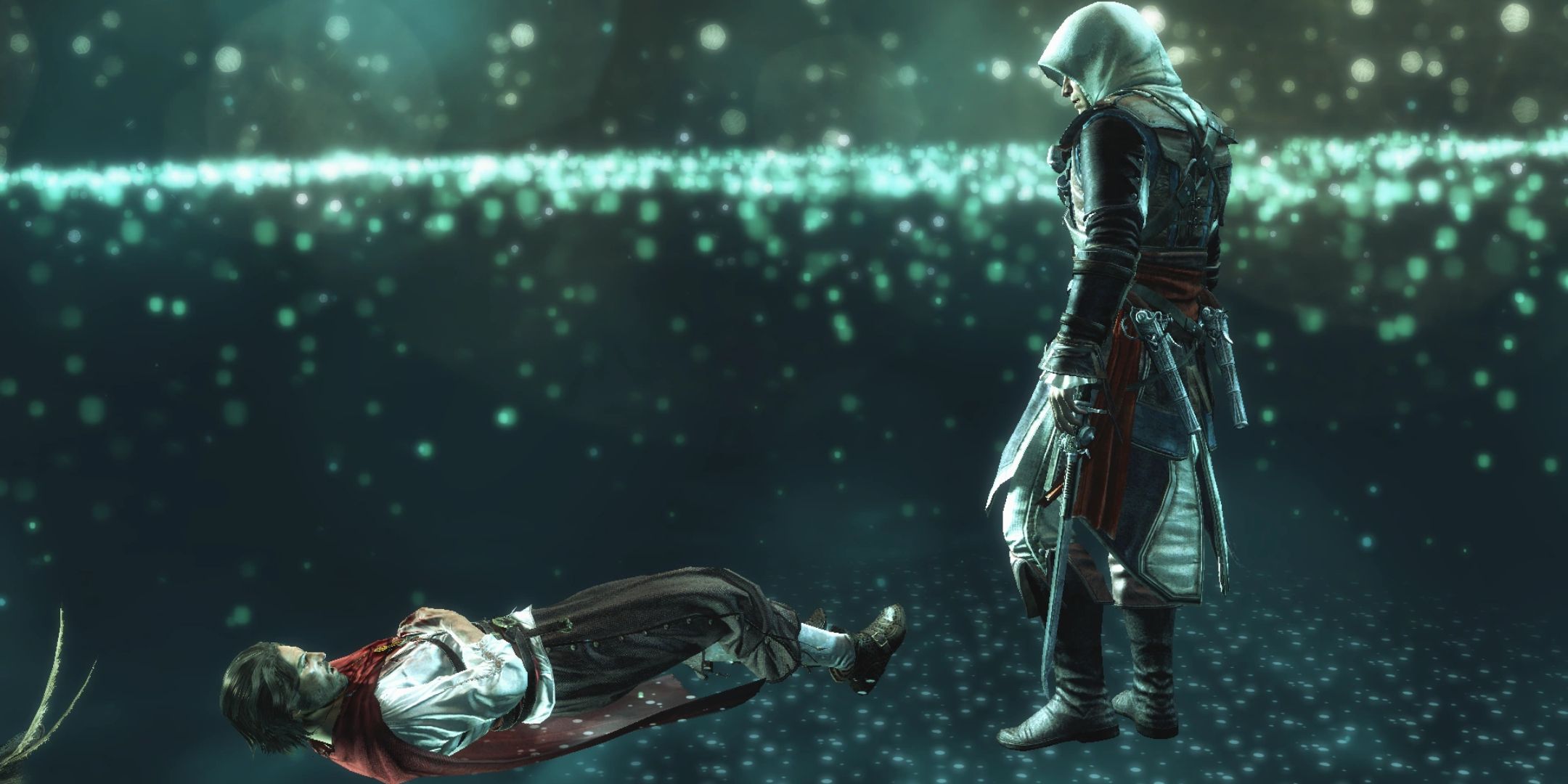Assassin&rsquo;s Creed 4 Black Flag screenshot of Edward Kenway looking down at another character in the memory corridor.