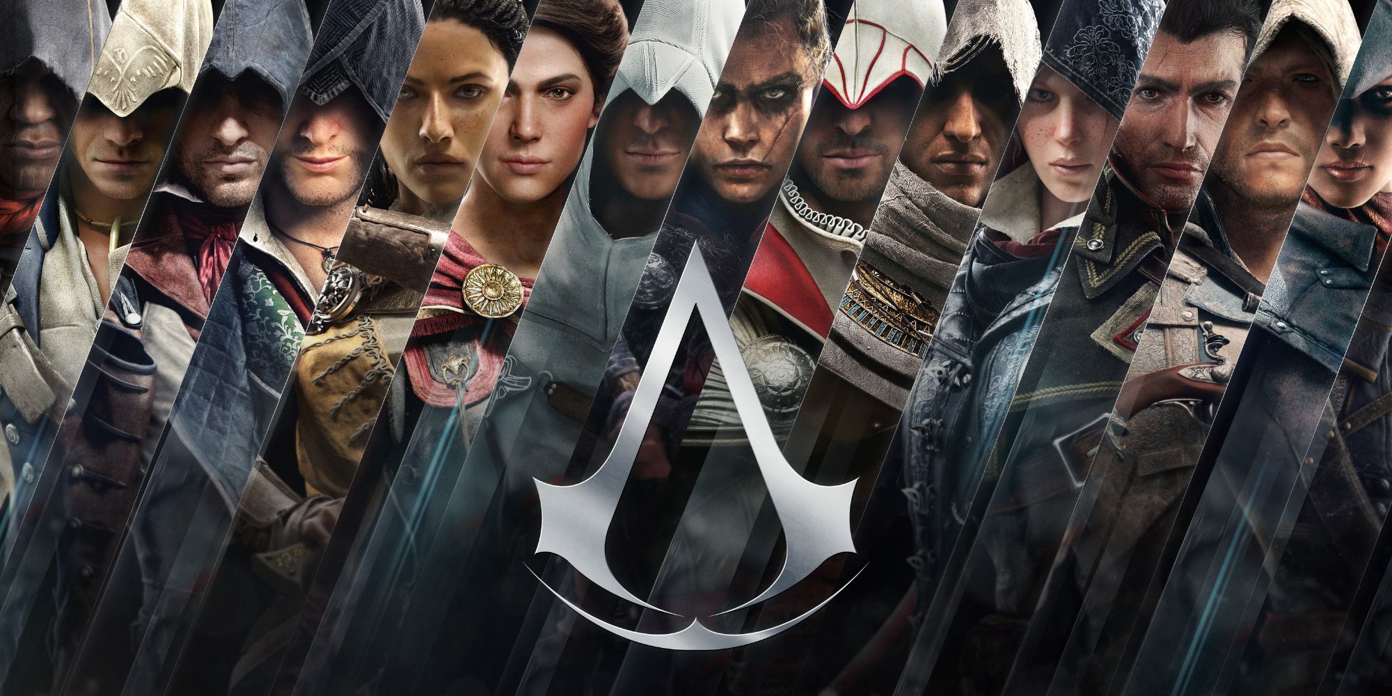 A lineup of all the assassins from the Assassin’s Creed series, standing together.
