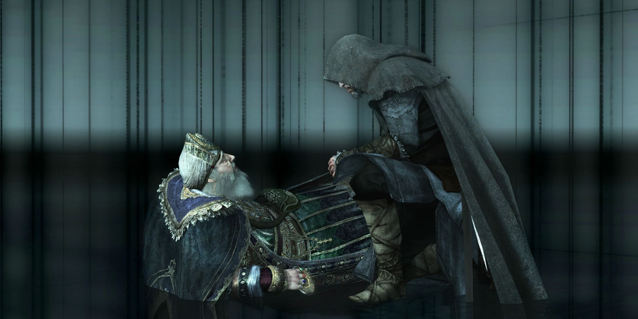 Assassin's Creed Revelations screenshot of Ezio on his knee, looking at Manuel Palaiologos.