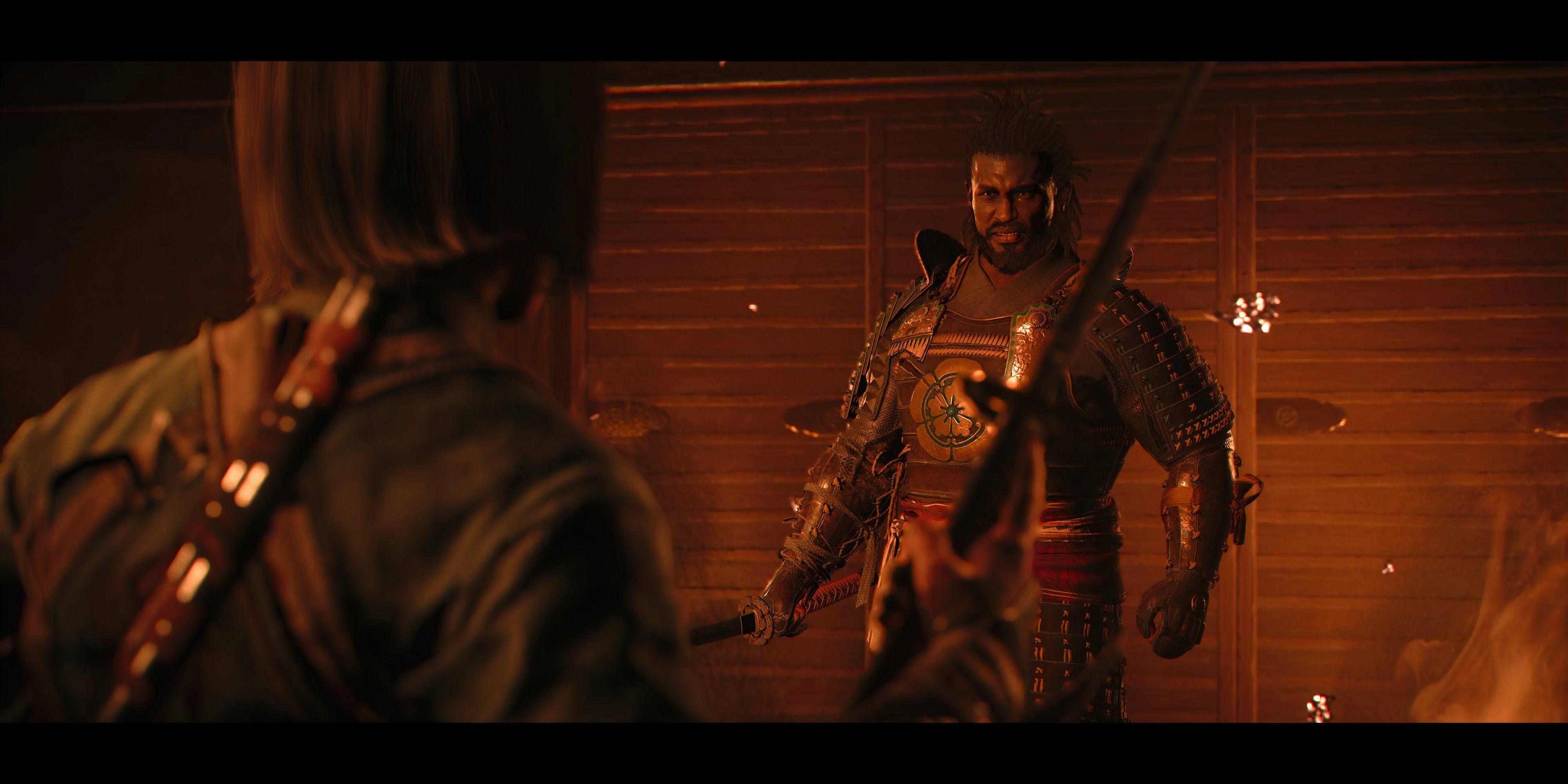 Assassin's Creed Shadows Yasuke Naoe burning building custscene.