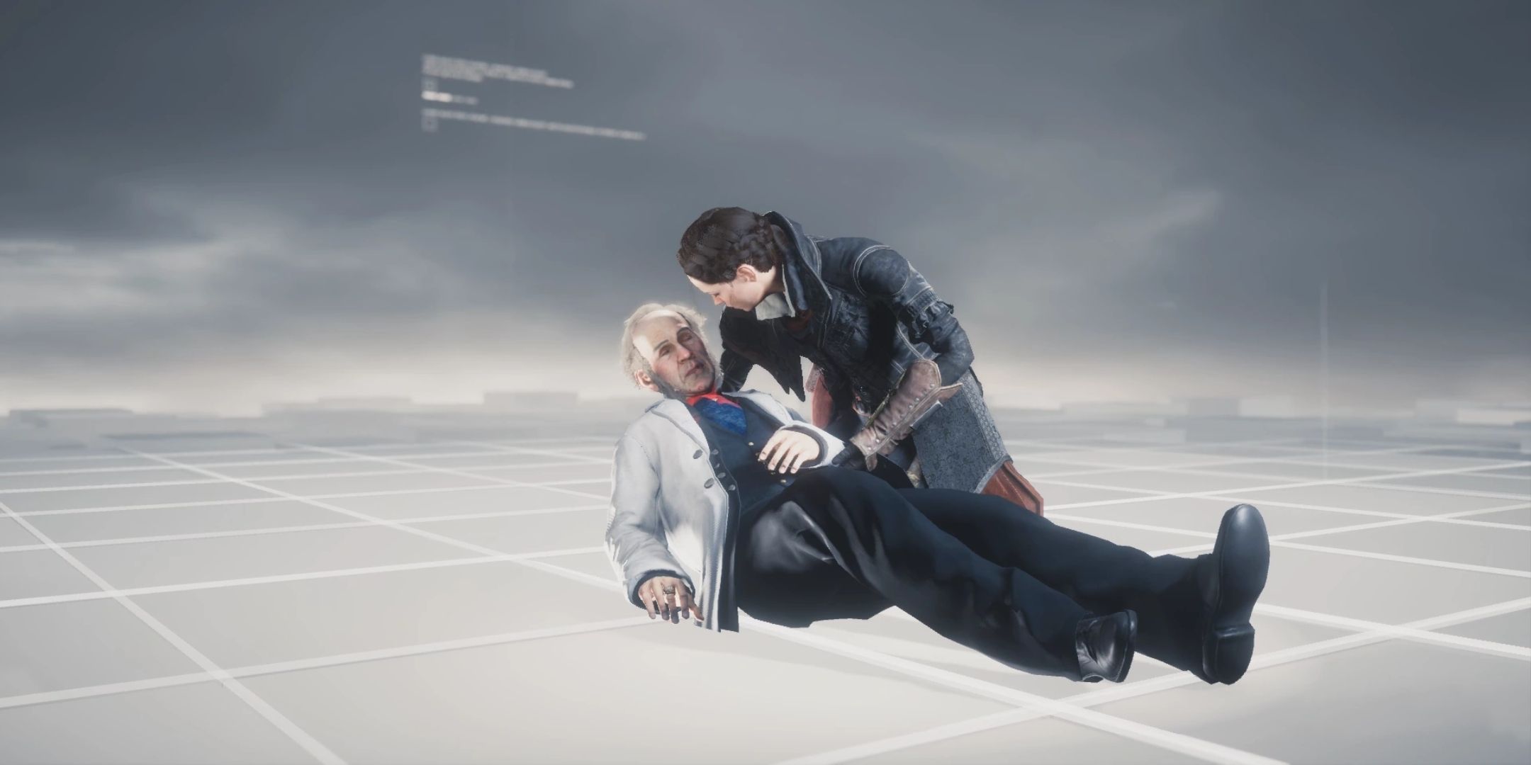 Assassin&rsquo;s Creed Syndicate screenshot of Evie holding David Brewster in the memory corridor.