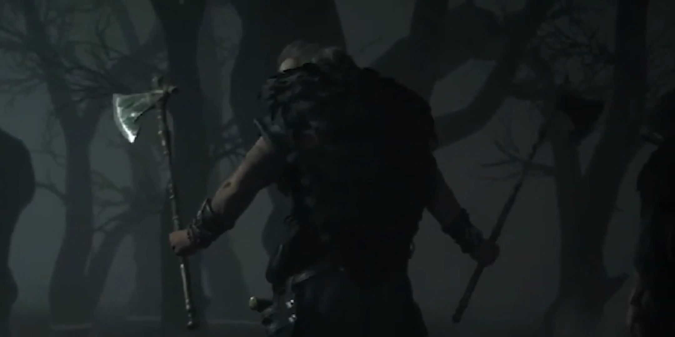 Assassin&rsquo;s Creed Valhalla screenshot of Kjotve The Cruel surrounded by trees in a memory corridor.