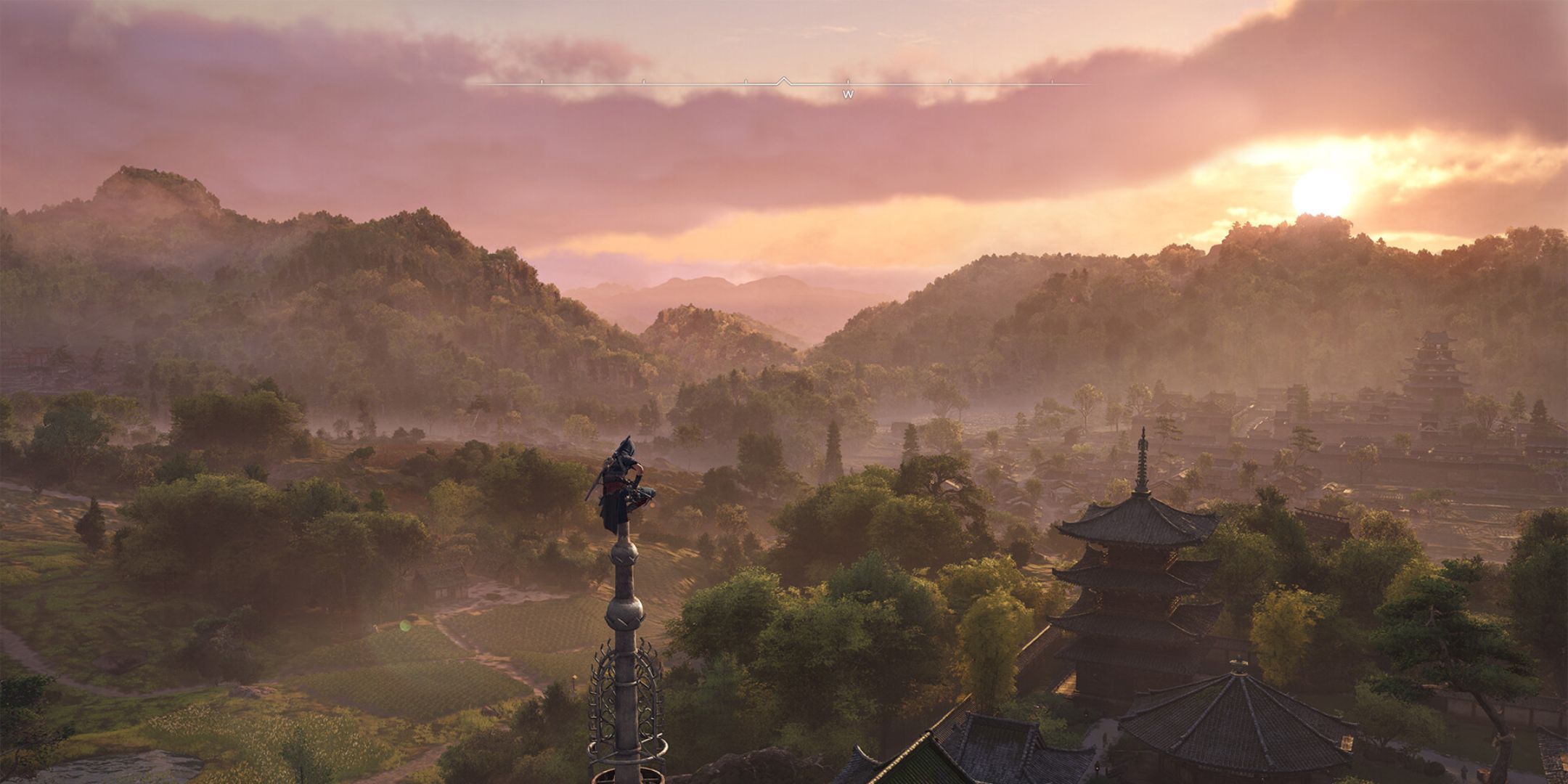 Naoe observing from the top of a tower in Assassin's Creed Shadows.