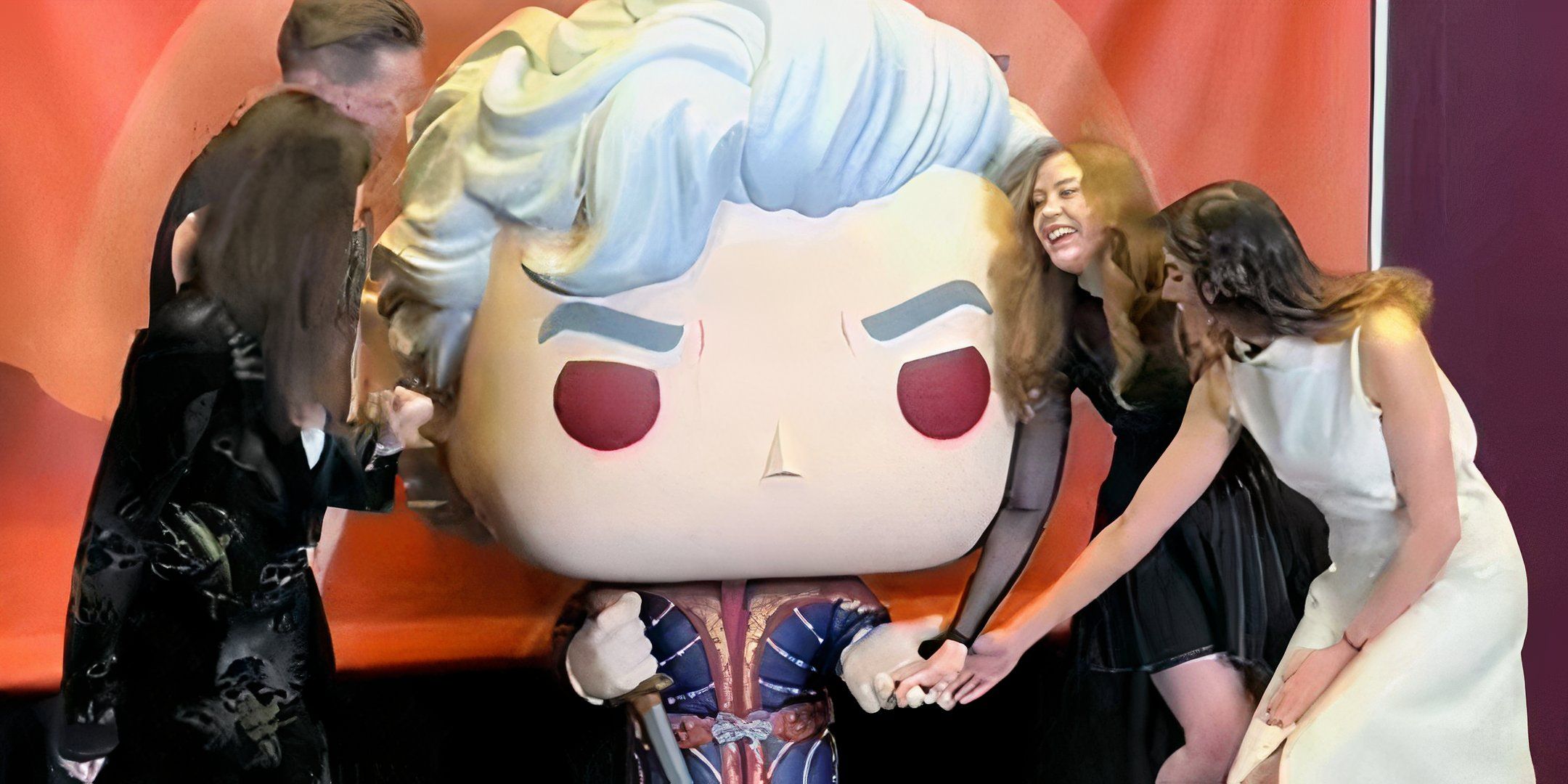 The Baldur's Gate 3 cast around a giant Astarion funko pop