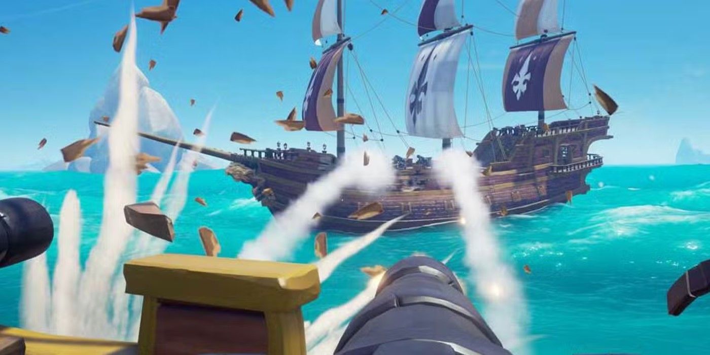 Attacking a ship in Sea of Thieves.