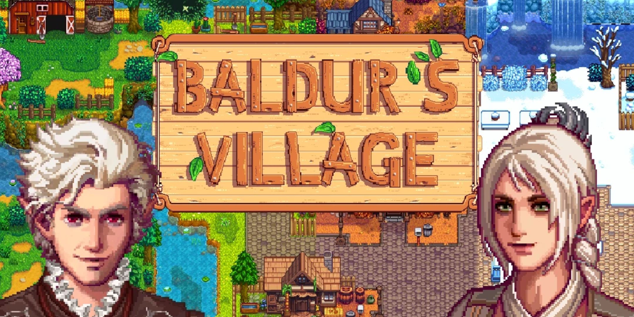 Baldur's Village title screen, showing pixel art of Astarion and Shadowheart