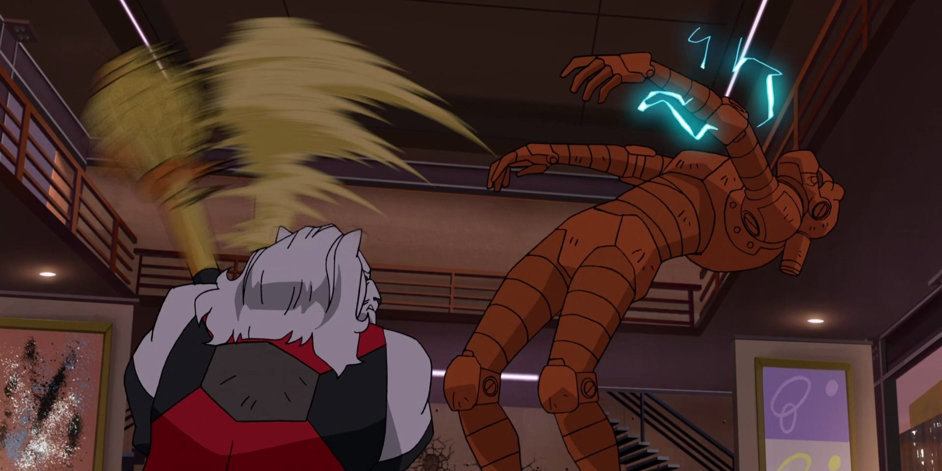 Battle Beast hitting Robot with his hammer in Invincible.
