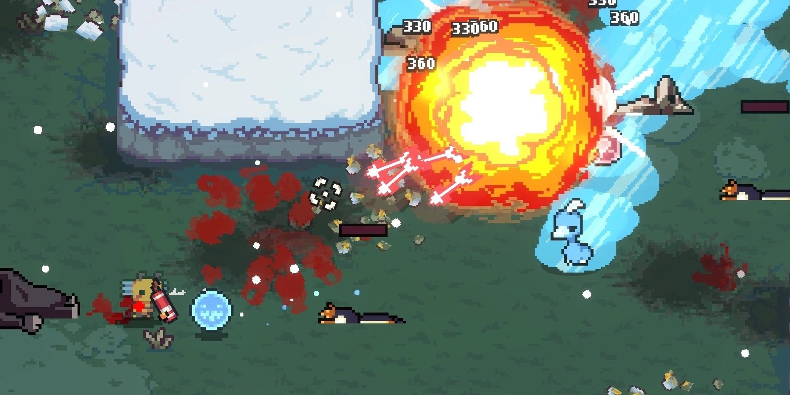 A bumblebee-patterned axolotl holds a stick of dynamite (left), a gigantic explosion cloud (right) in AK-xolotl.