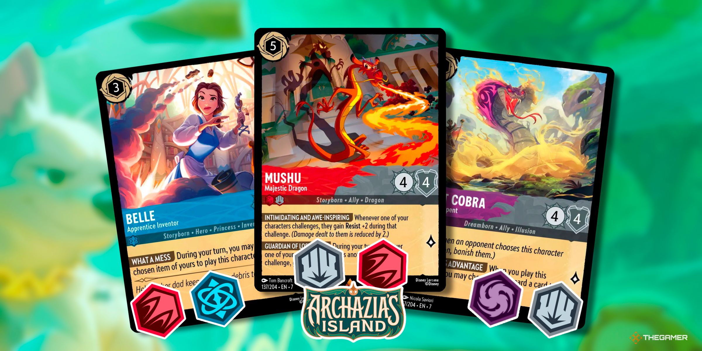 Belle - Apprentice Inventor, Mushu - Majestic Dragon, And Giant Cobra - Ghostly Serpent Cards From The Set Archazia's Island Of Disney Lorcana.