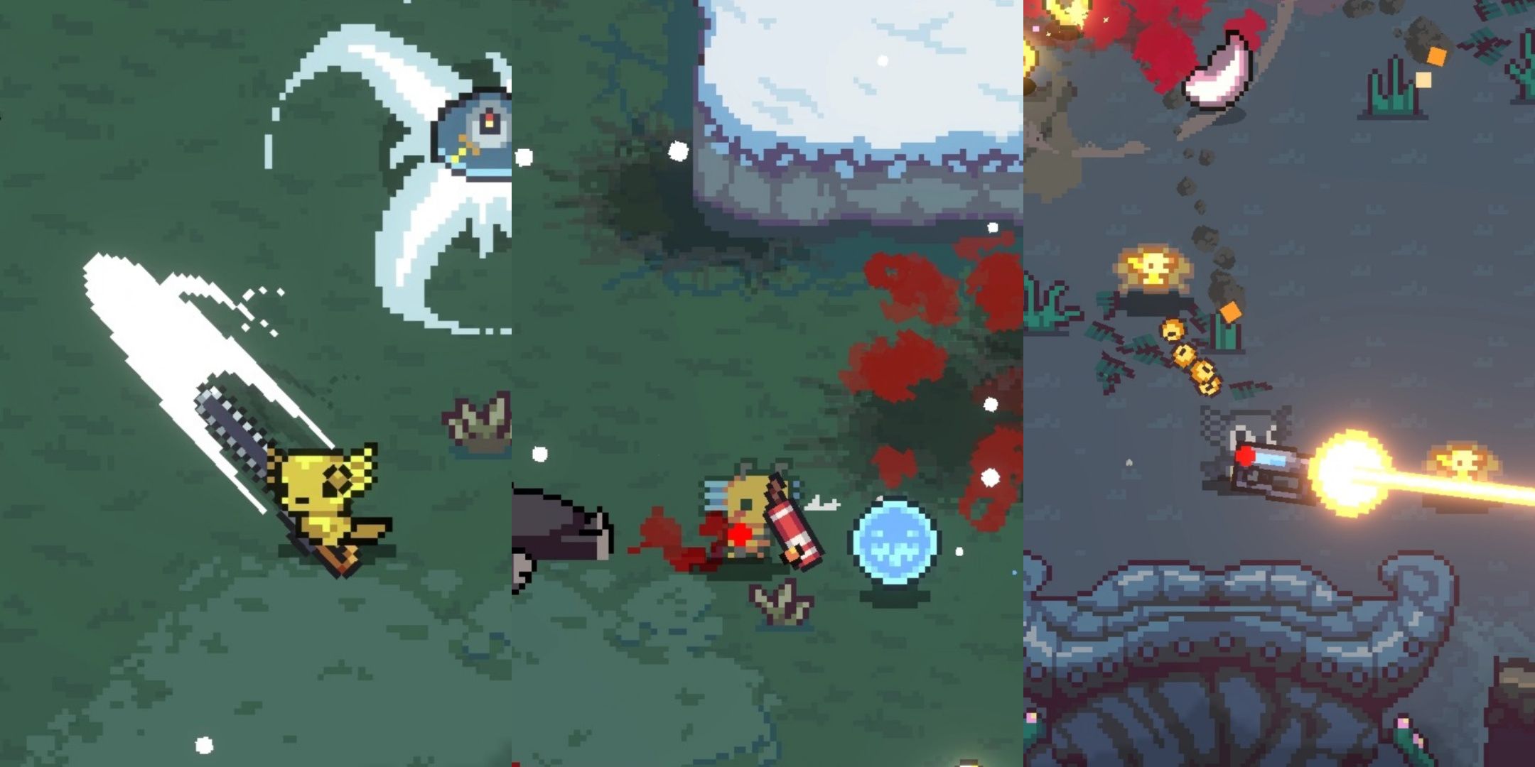 Left to right: A yellow axolotle wielding a chainsaw, a bumblebee axolotl holds a stick of dynamite, and a penguin axolotl fires a laser in AK-xolotl.